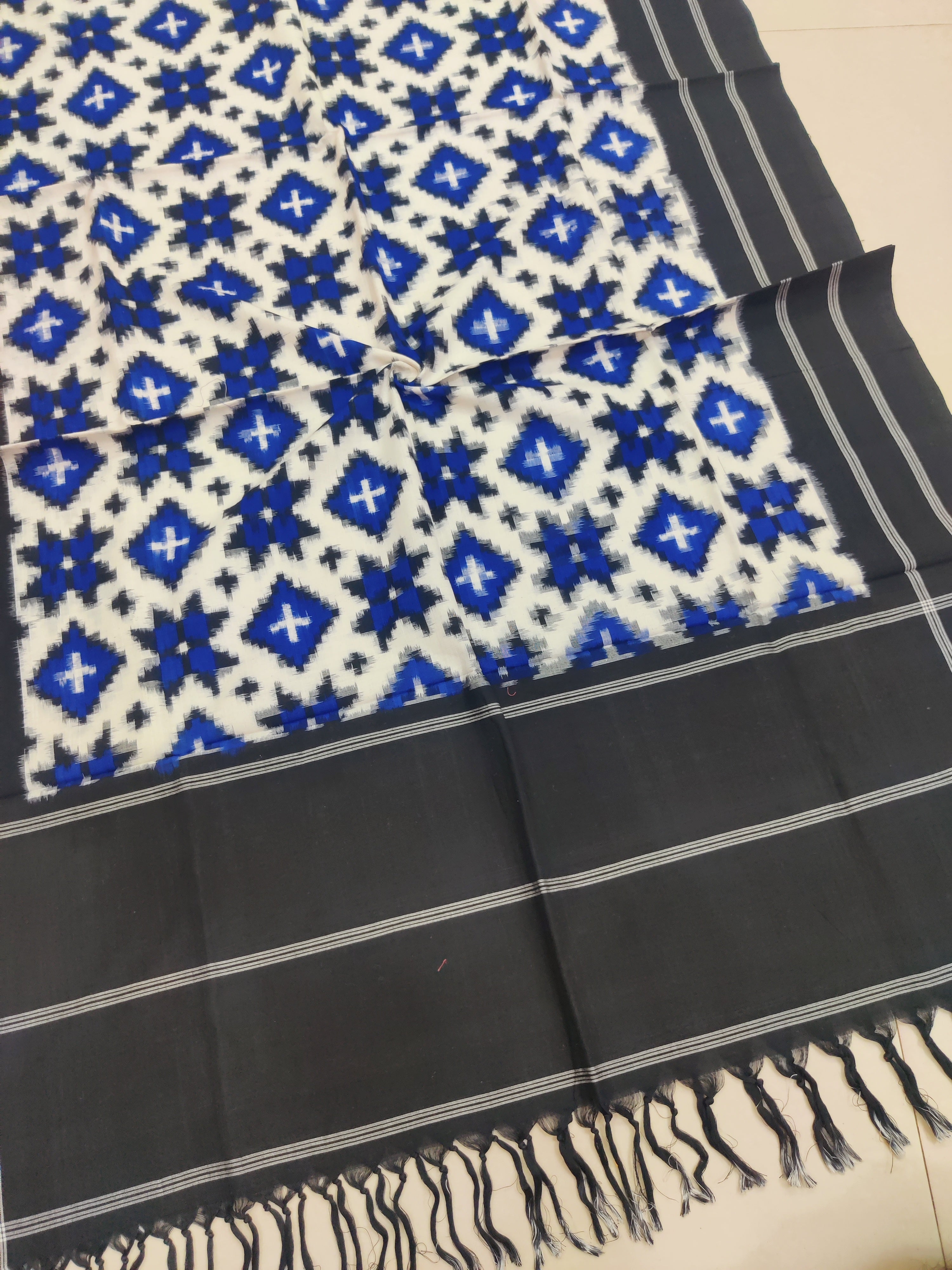 BLUE-BLACK - TELIA RUMAL HANDLOOM COTTON POCHAMPALLY DOUBLE IKAT DUPATTA 16