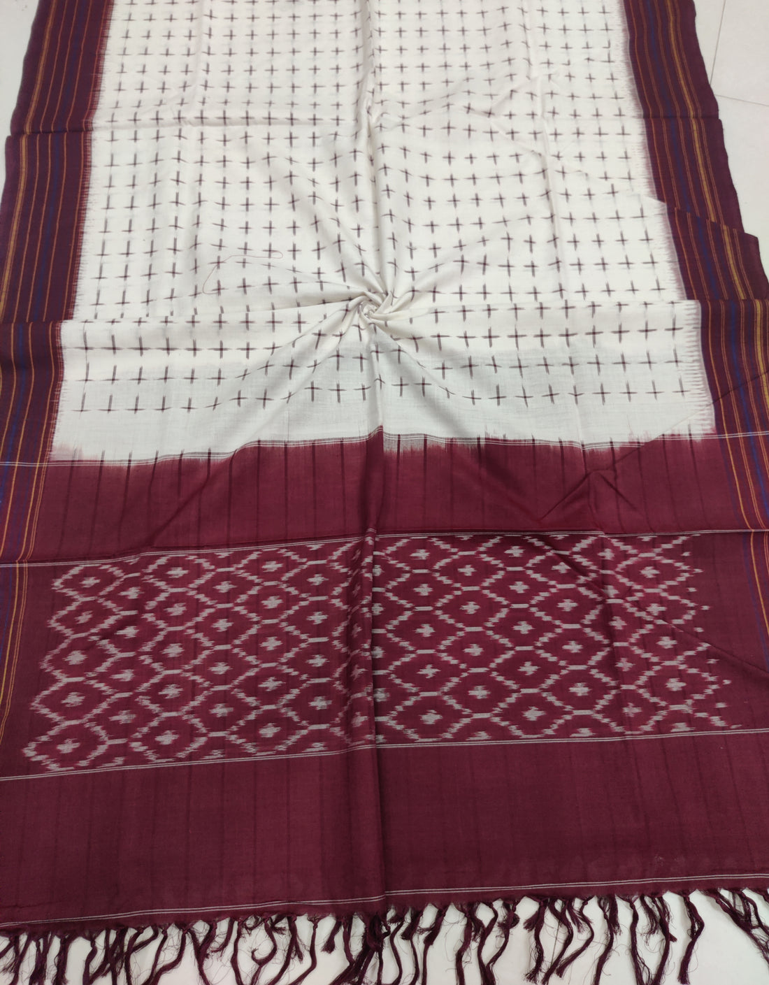 MAROON - POCHAMPALLY DOUBLE IKAT COTTON HANDLOOM DUPATTA 22