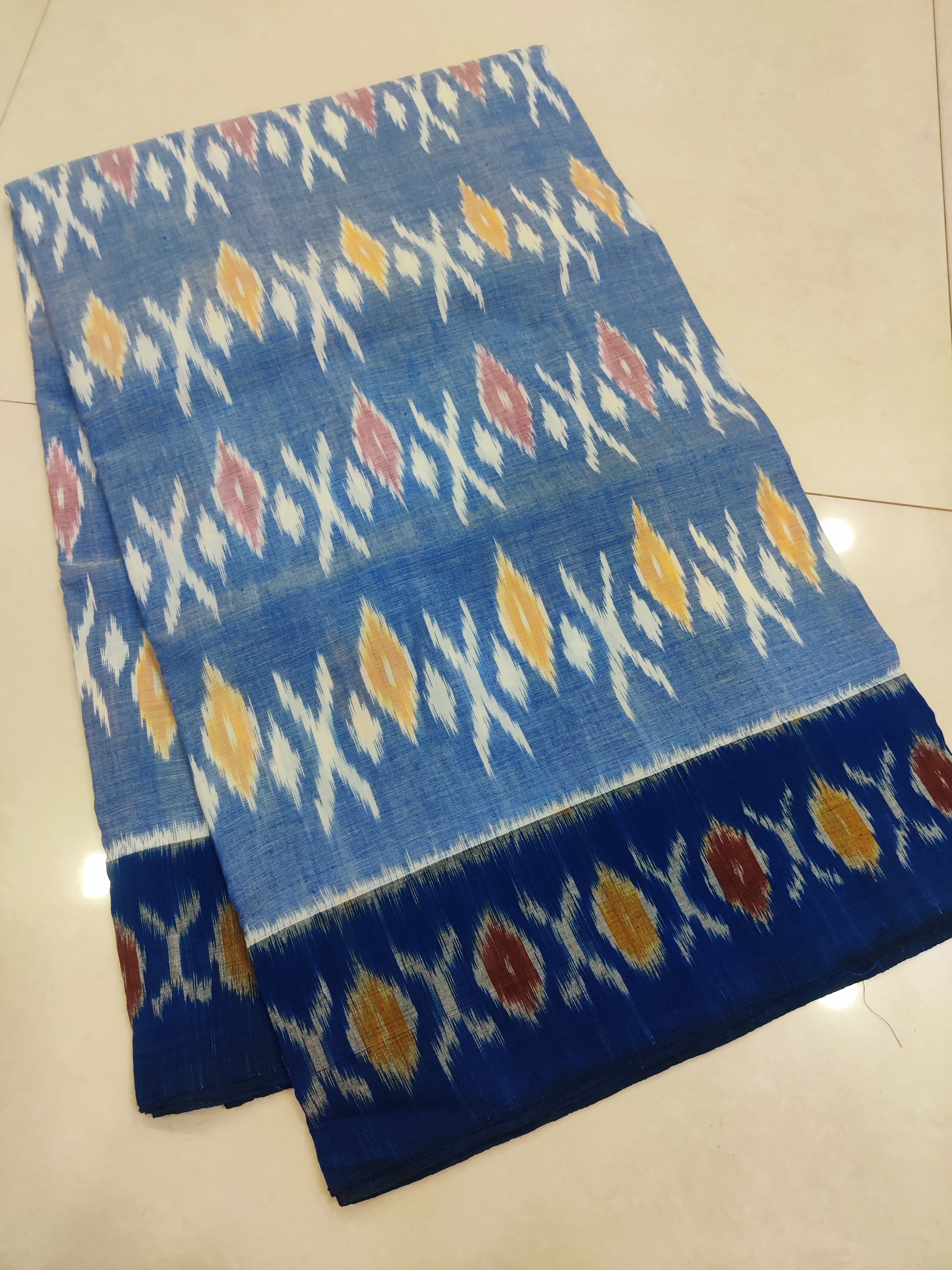 BLUE- MERCERISED PURE COTTON HANDLOOM POCHAMPALLY IKAT SAREE 124