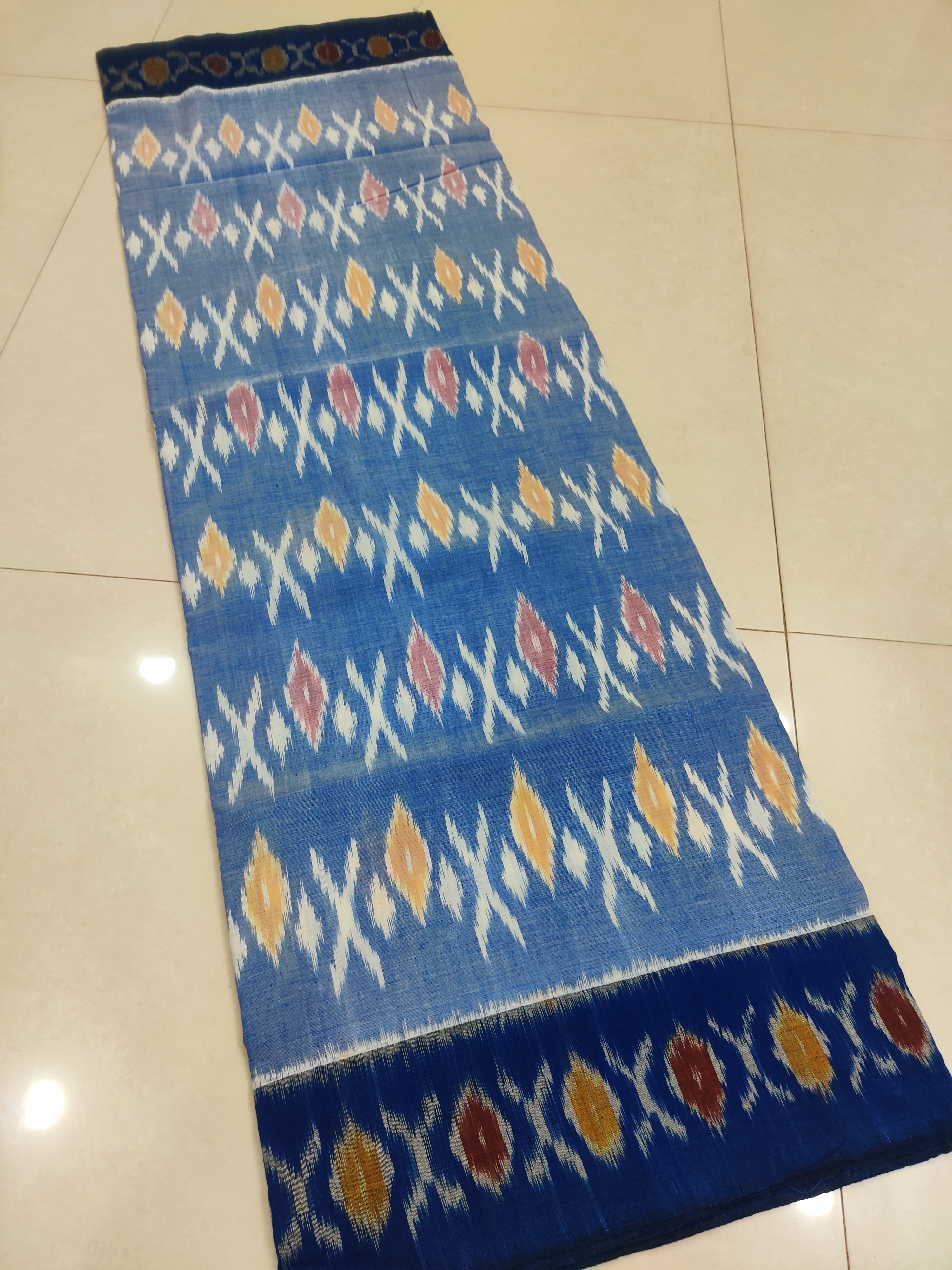 BLUE- MERCERISED PURE COTTON HANDLOOM POCHAMPALLY IKAT SAREE 124
