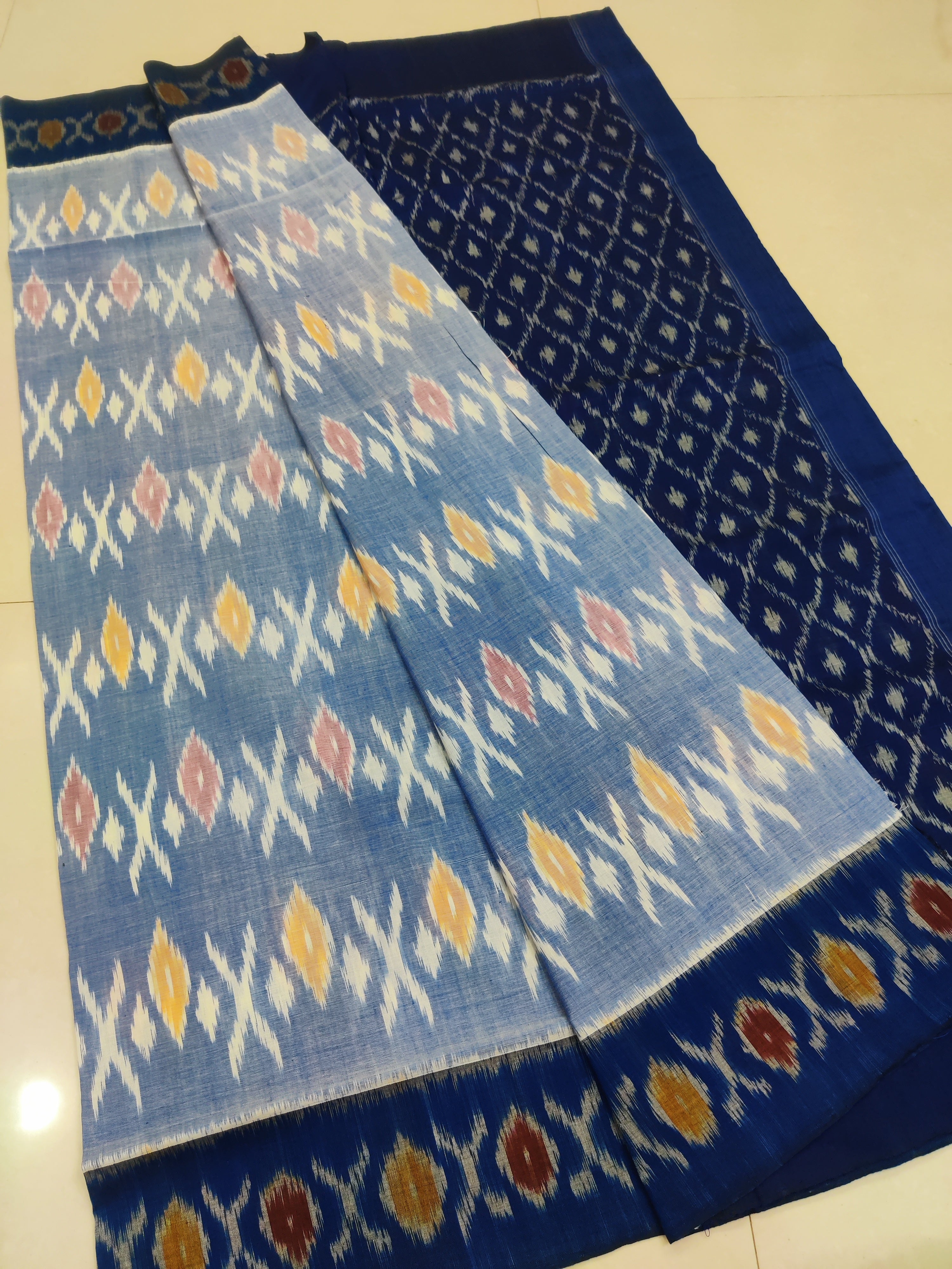 BLUE- MERCERISED PURE COTTON HANDLOOM POCHAMPALLY IKAT SAREE 124