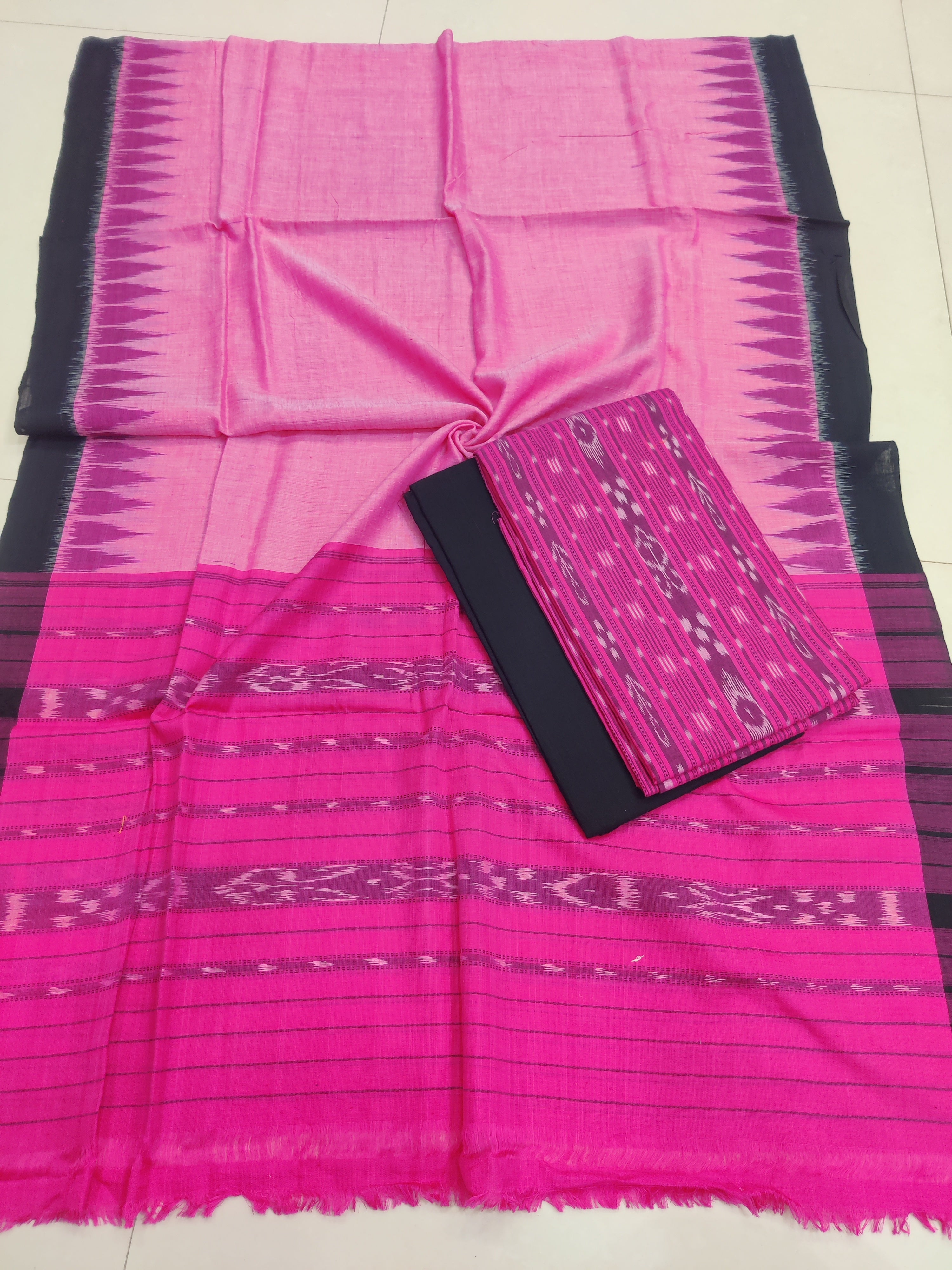 PINK - 3PC Unstitched Sambalpuri Ikat Handloom Cotton Suit Fabric – 01