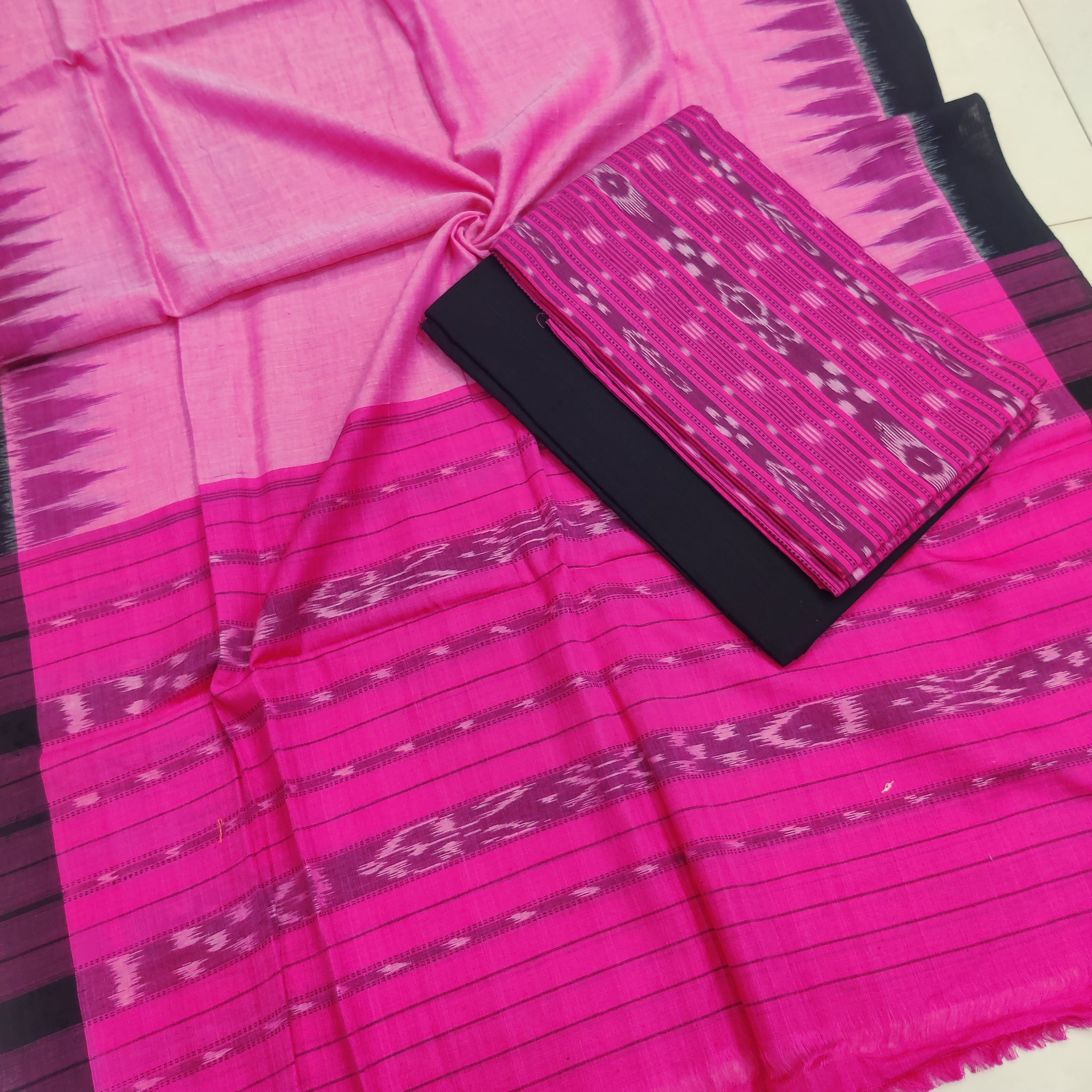 PINK - 3PC Unstitched Sambalpuri Ikat Handloom Cotton Suit Fabric – 01