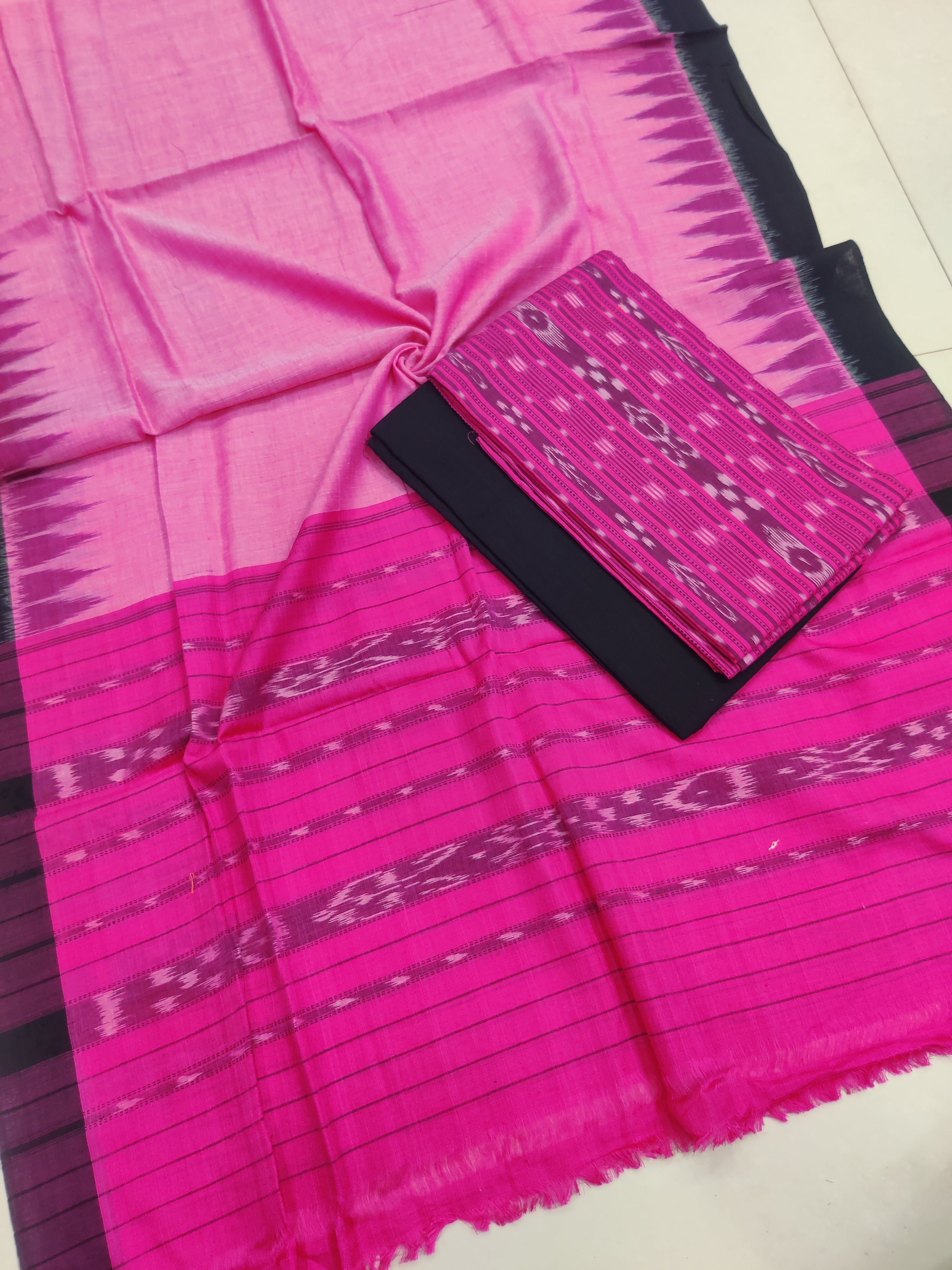 PINK - 3PC Unstitched Sambalpuri Ikat Handloom Cotton Suit Fabric – 01