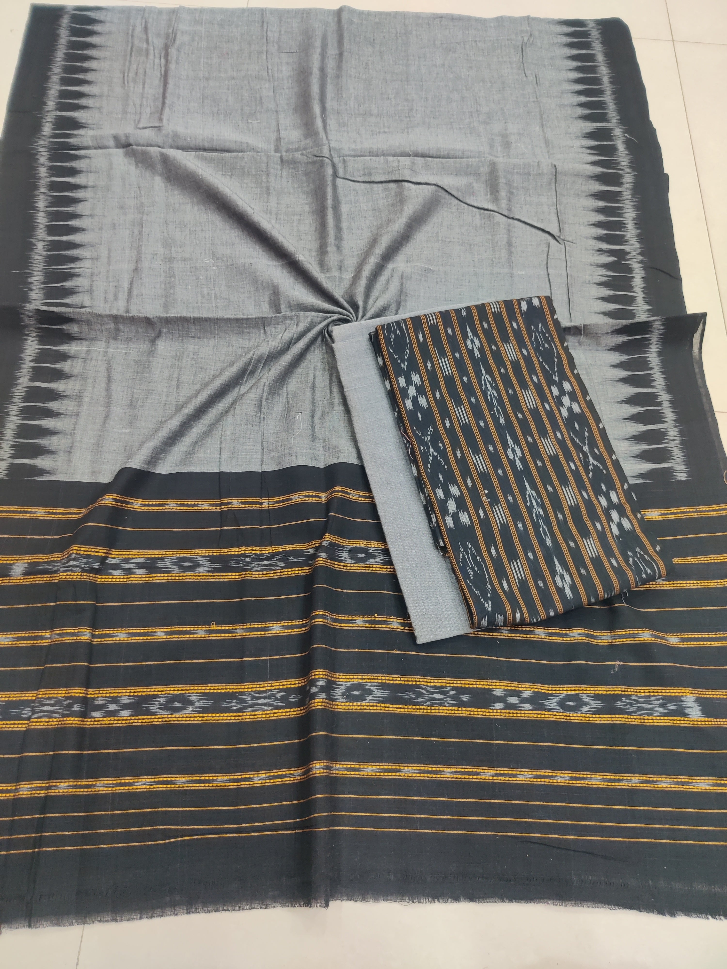 BLACK - 3PC Unstitched Sambalpuri Ikat Handloom Cotton Suit Fabric – 02