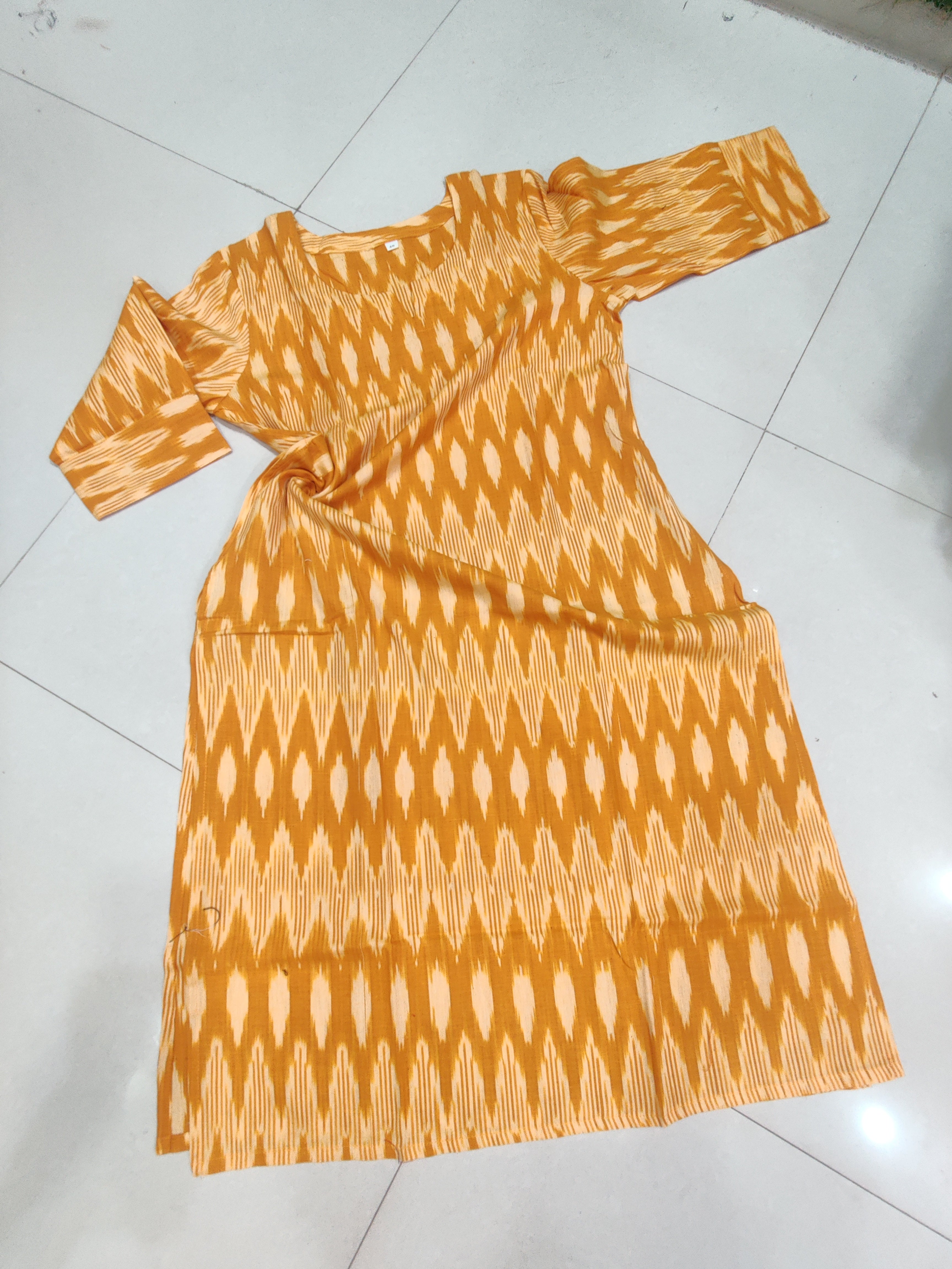 Yellow - IKAT WEAVE COTTON LONG KURTA 16