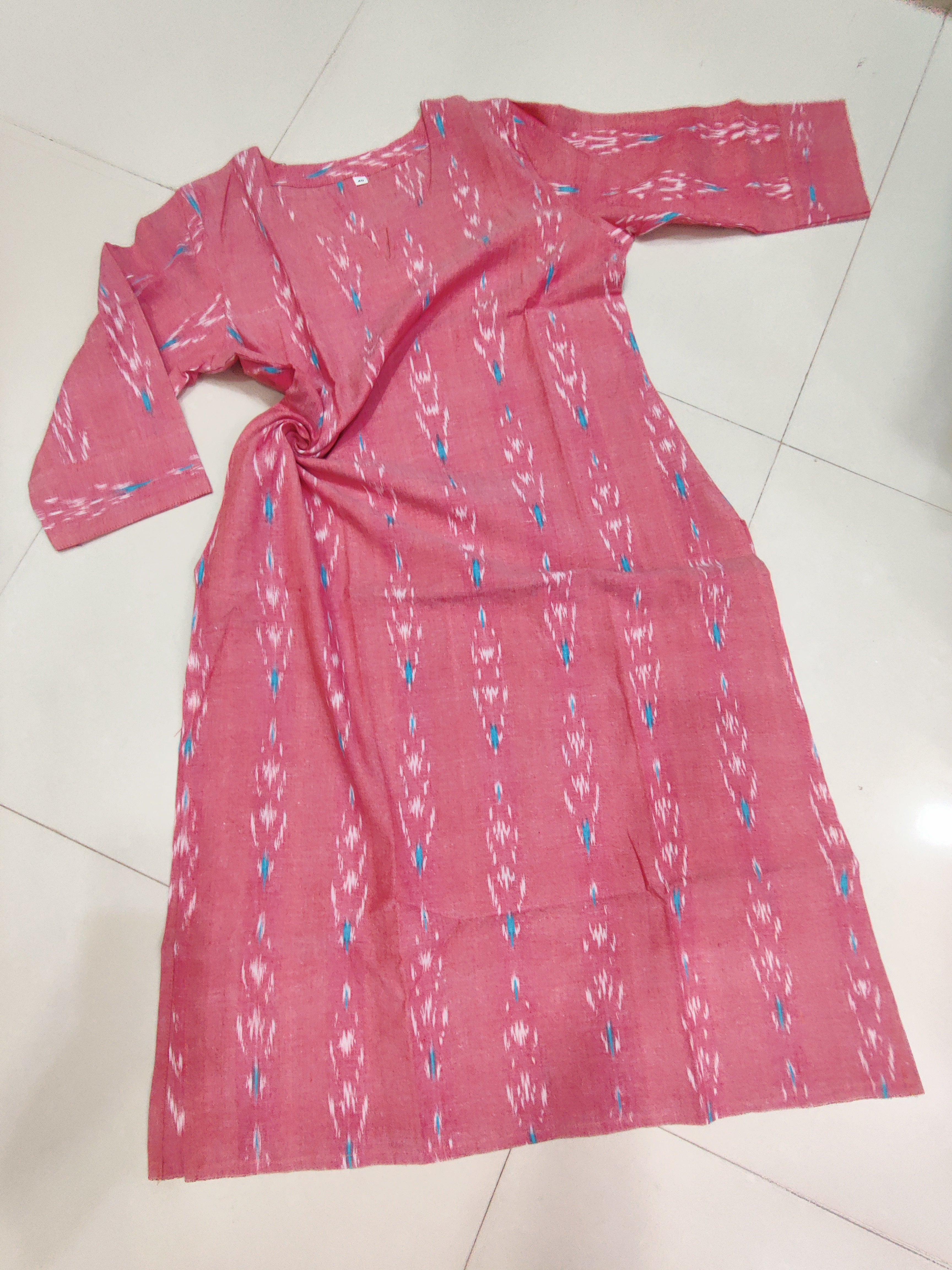 Pink - IKAT WEAVE COTTON LONG KURTA 15