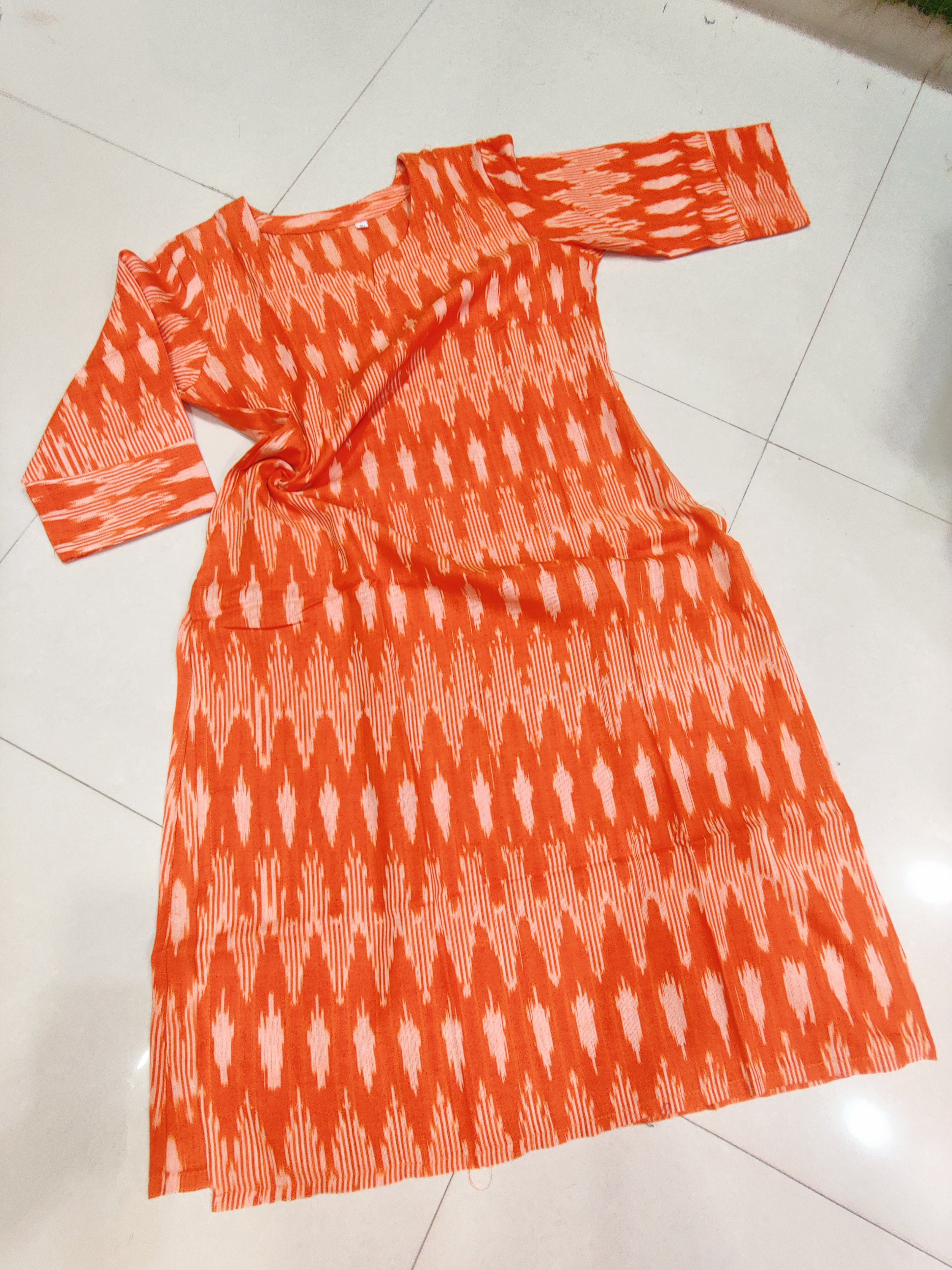 Orange - IKAT WEAVE COTTON LONG KURTA 14