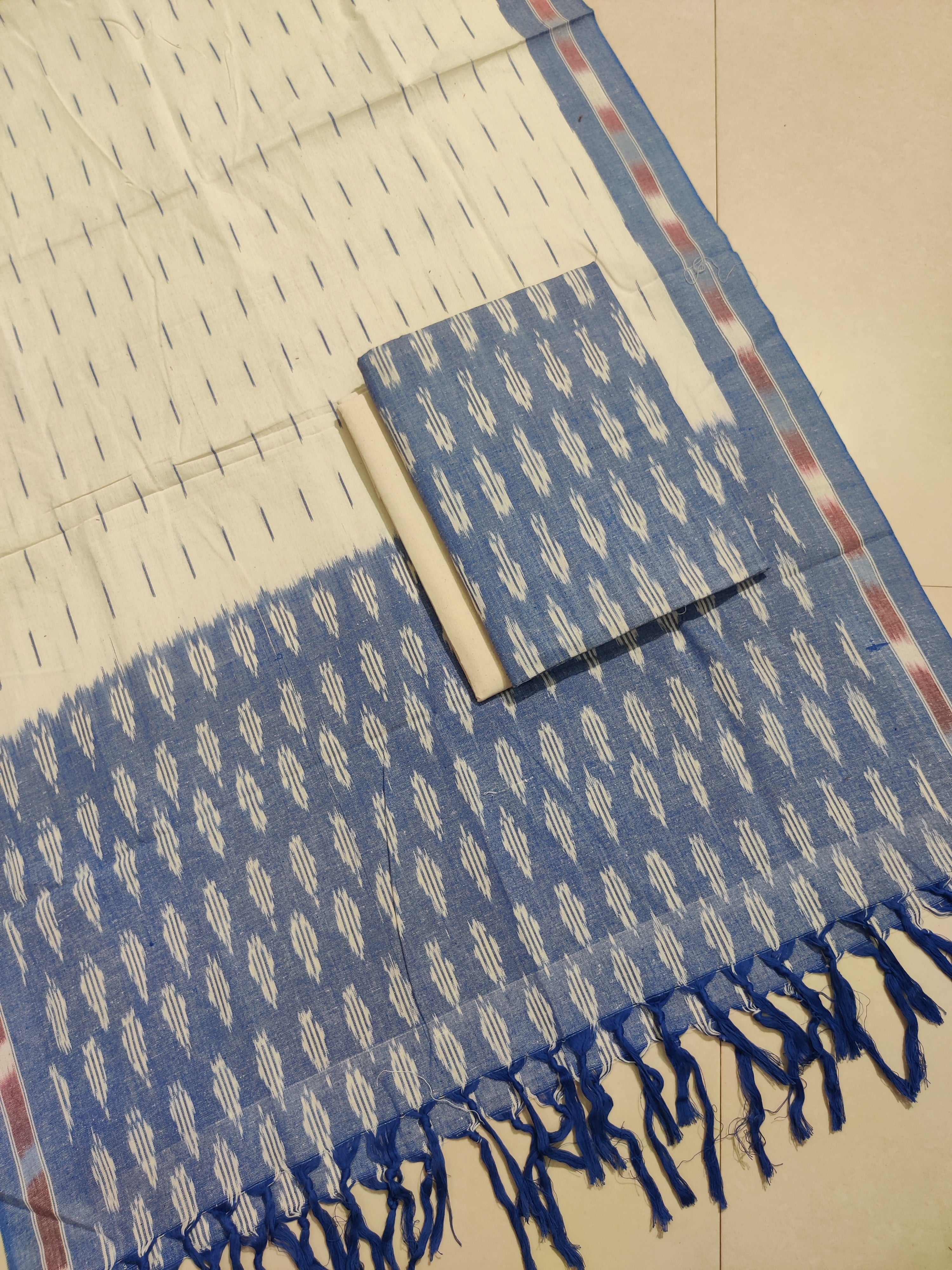Blue - HANDLOOM COTTON 3PC POCHAMPALLY IKAT DRESS MATERIAL 10