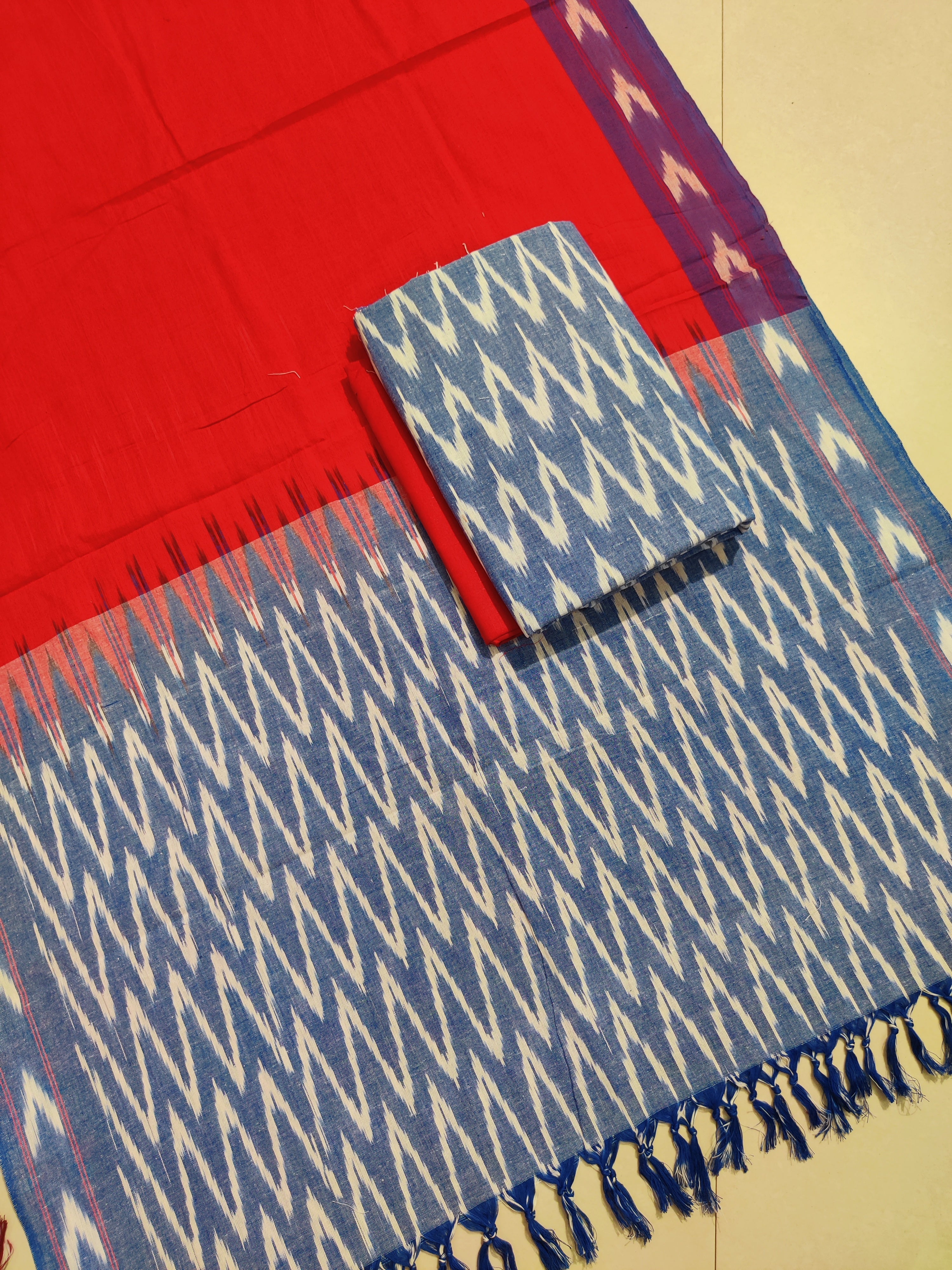 Blue - HANDLOOM COTTON 3PC POCHAMPALLY IKAT DRESS MATERIAL 07