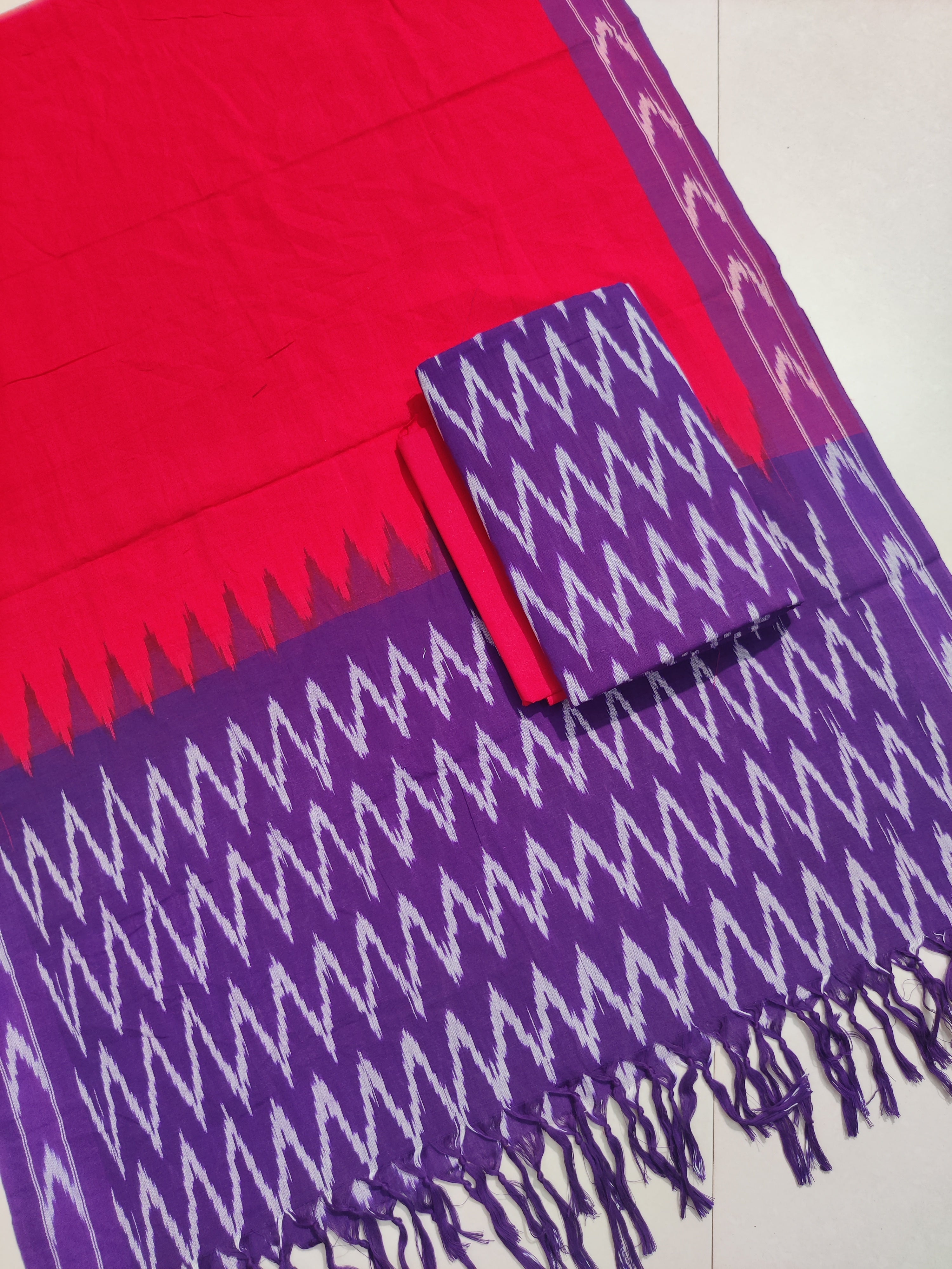 Purple - HANDLOOM COTTON 3PC POCHAMPALLY IKAT DRESS MATERIAL 35