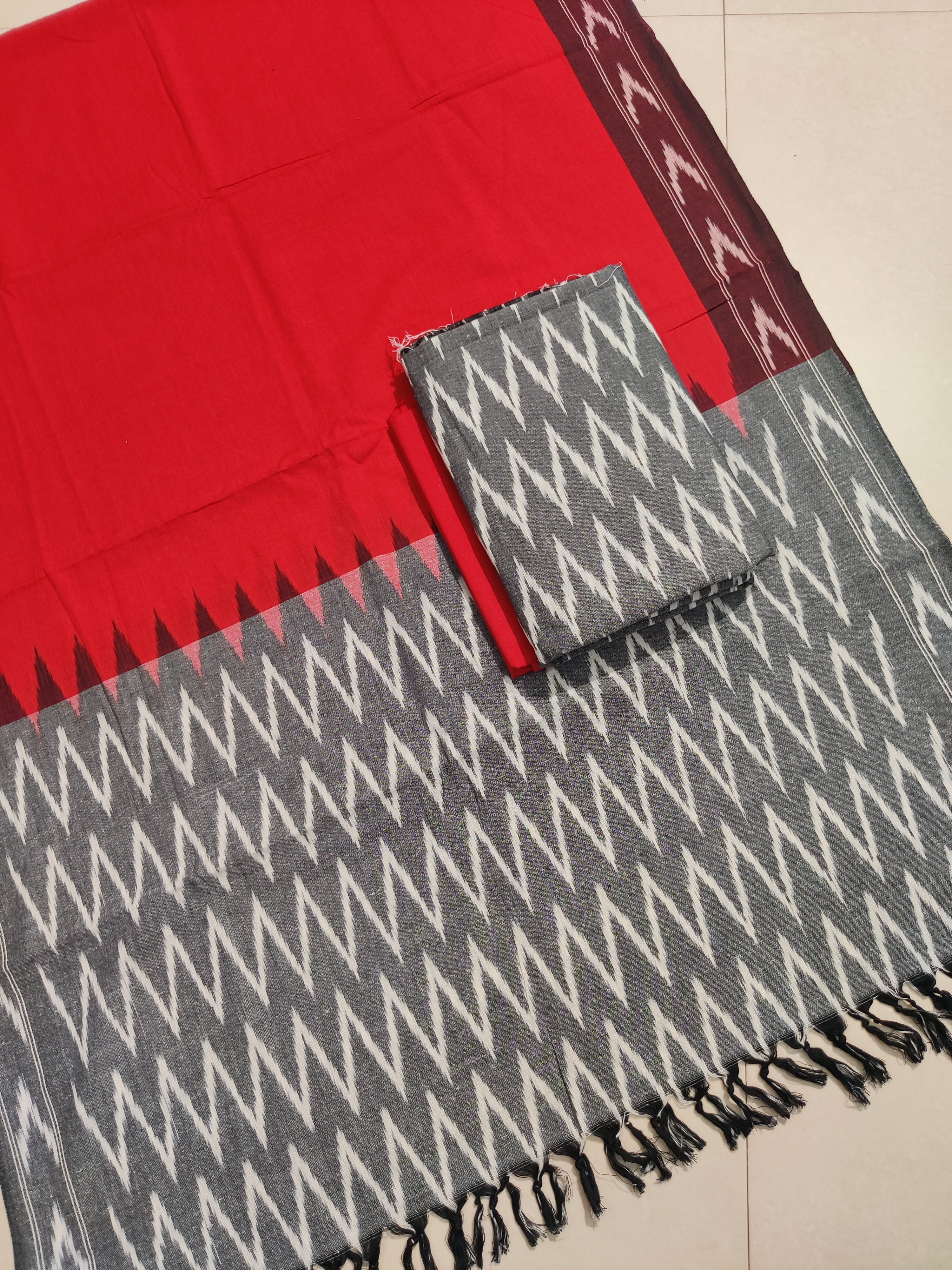 Gray - HANDLOOM COTTON 3PC POCHAMPALLY IKAT DRESS MATERIAL 08