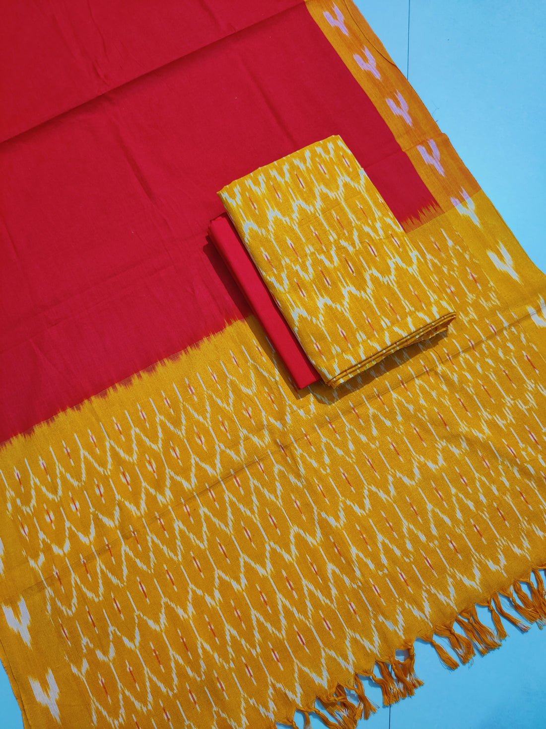 Yellow - HANDLOOM COTTON 3PC POCHAMPALLY IKAT DRESS MATERIAL 01
