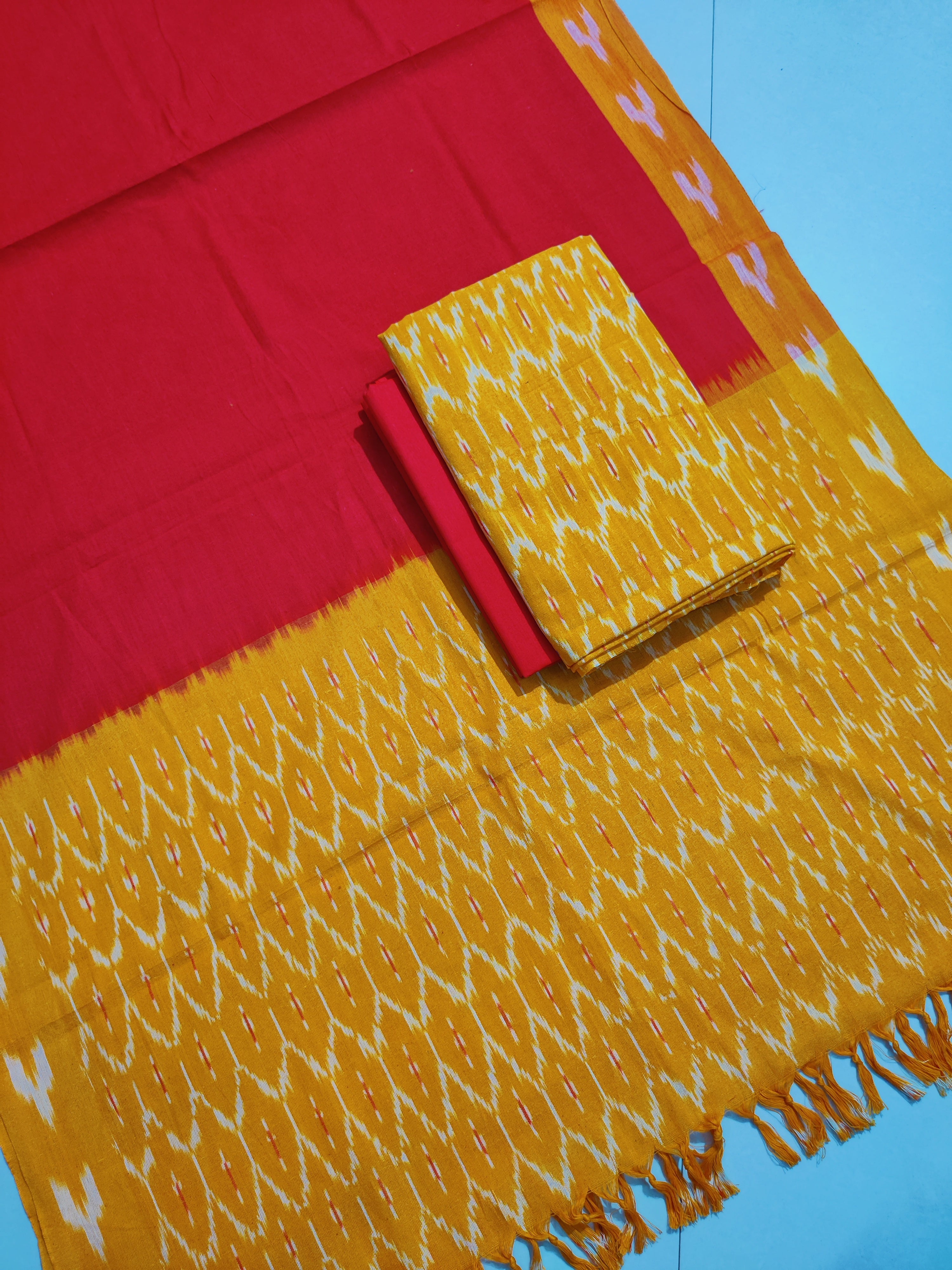 Yellow - HANDLOOM COTTON 3PC POCHAMPALLY IKAT DRESS MATERIAL 01