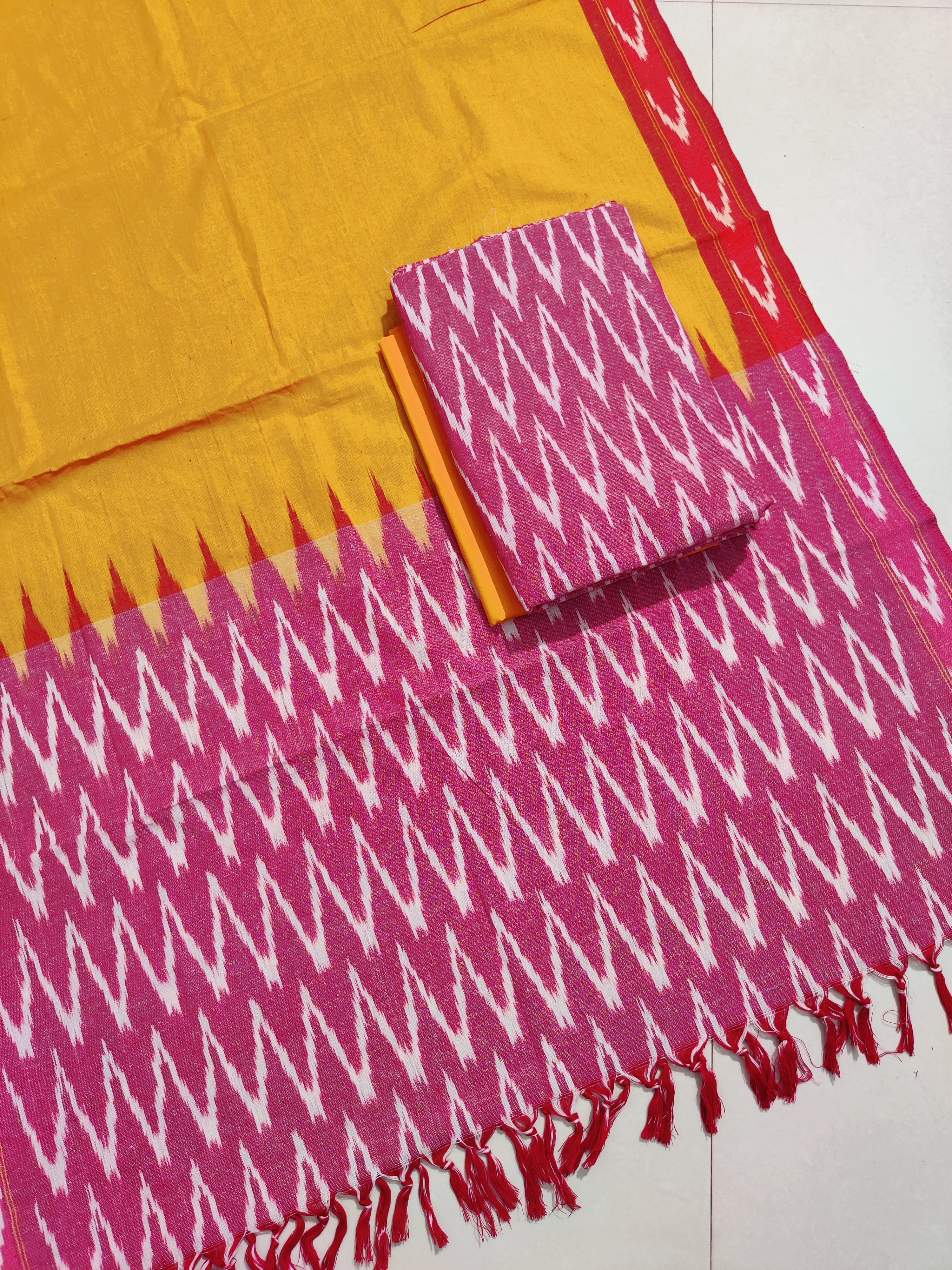 Red - HANDLOOM COTTON 3PC POCHAMPALLY IKAT DRESS MATERIAL 09
