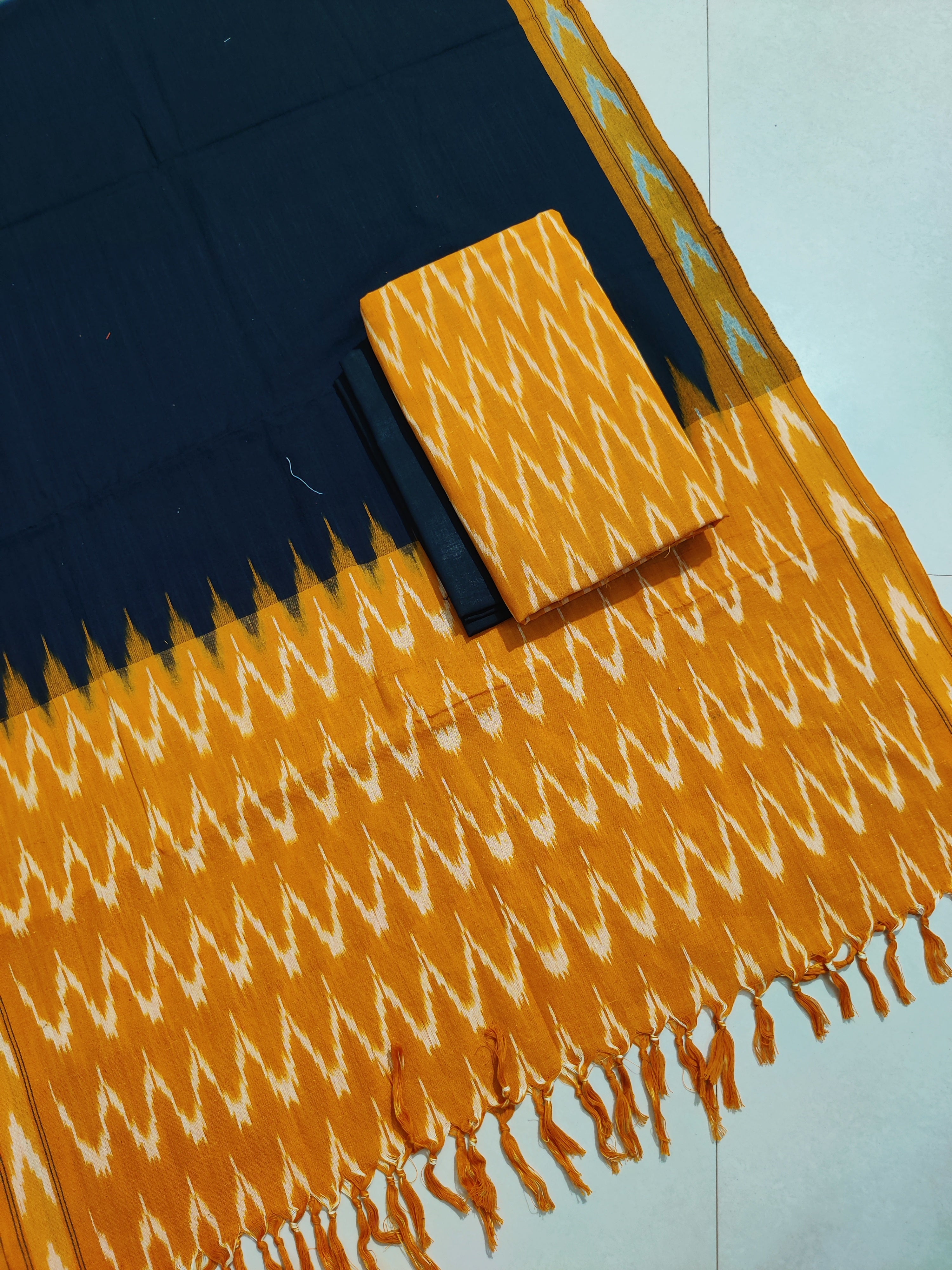 Yellow - HANDLOOM COTTON 3PC POCHAMPALLY IKAT DRESS MATERIAL 33