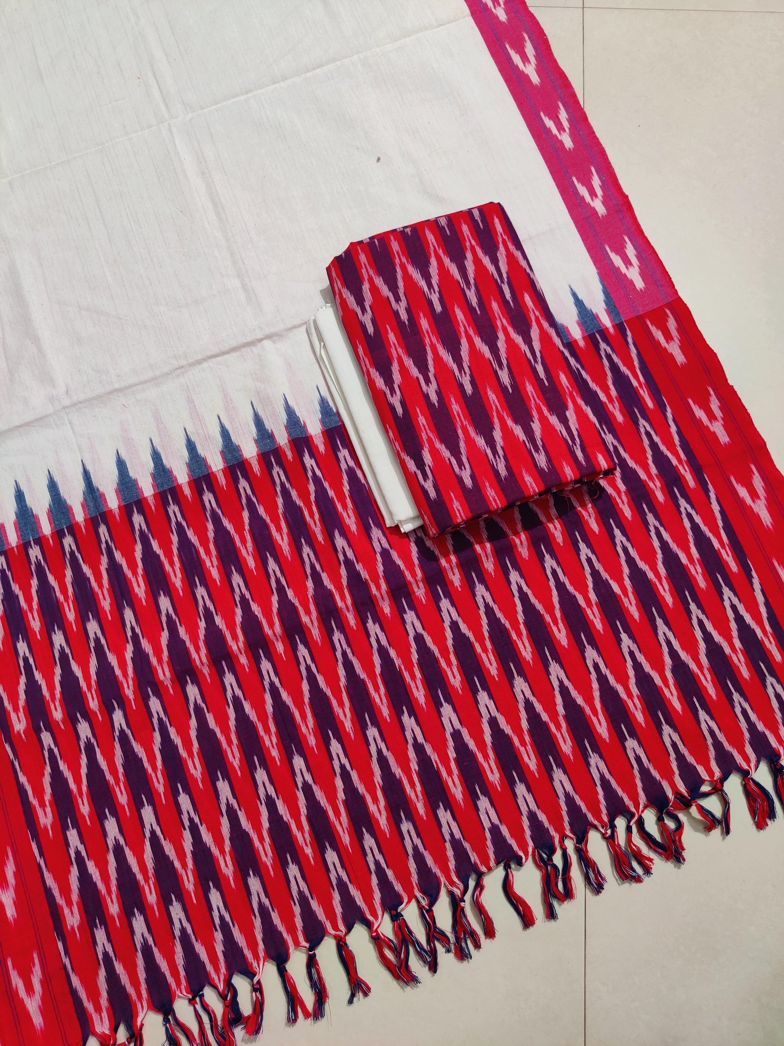 Red - HANDLOOM COTTON 3PC POCHAMPALLY IKAT DRESS MATERIAL 31