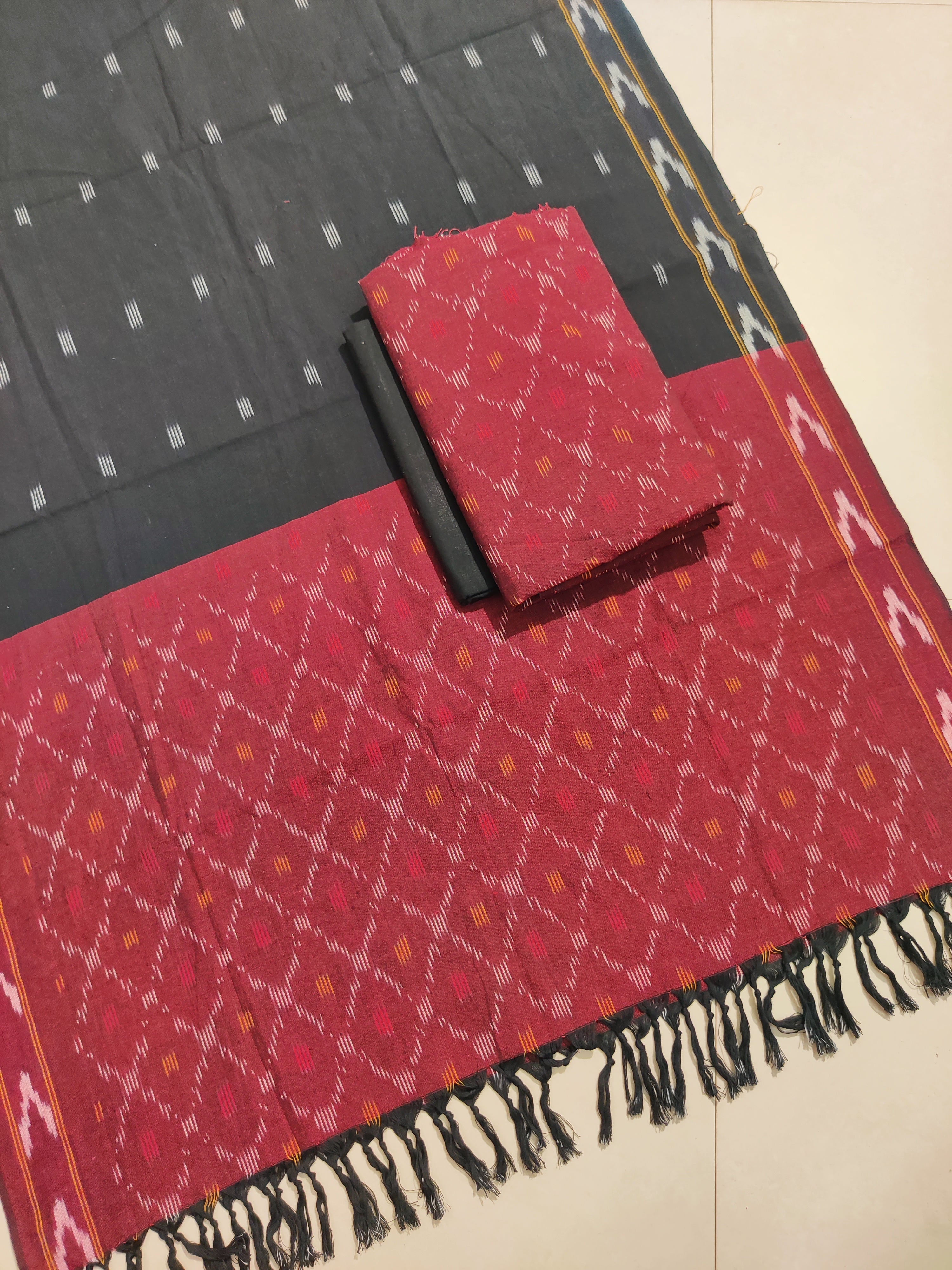 Brown - HANDLOOM COTTON 3PC POCHAMPALLY IKAT DRESS MATERIAL 29