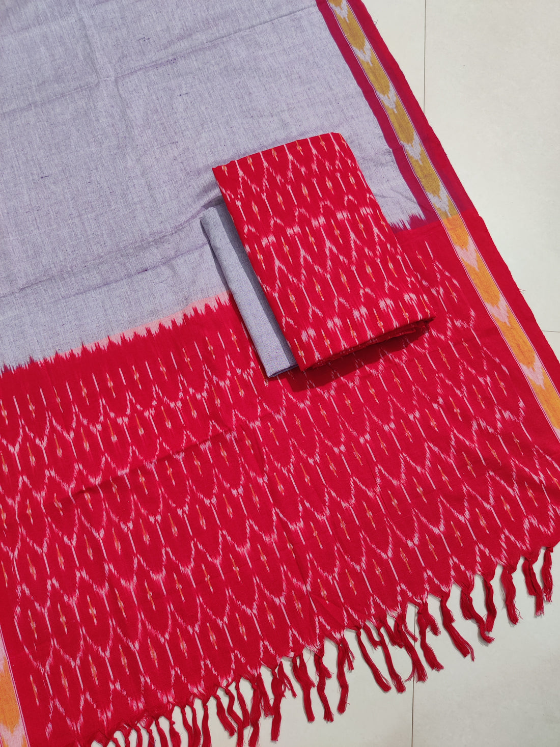 Red - HANDLOOM COTTON 3PC POCHAMPALLY IKAT DRESS MATERIAL 22