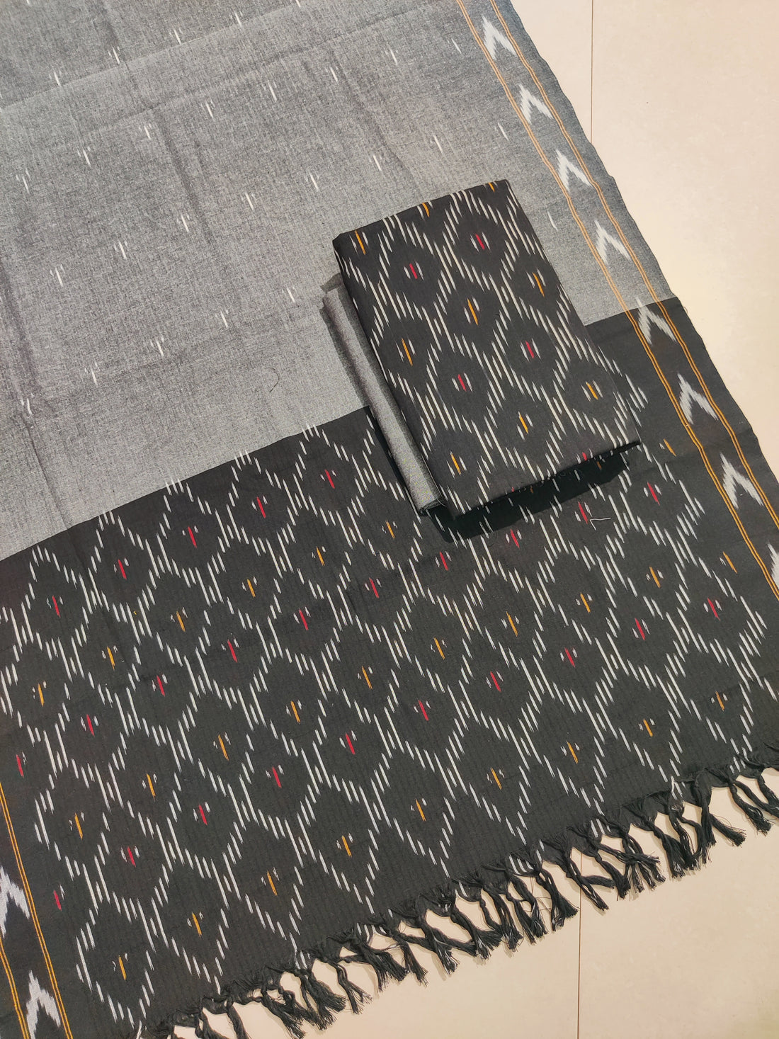 Black - HANDLOOM COTTON 3PC POCHAMPALLY IKAT DRESS MATERIAL 06