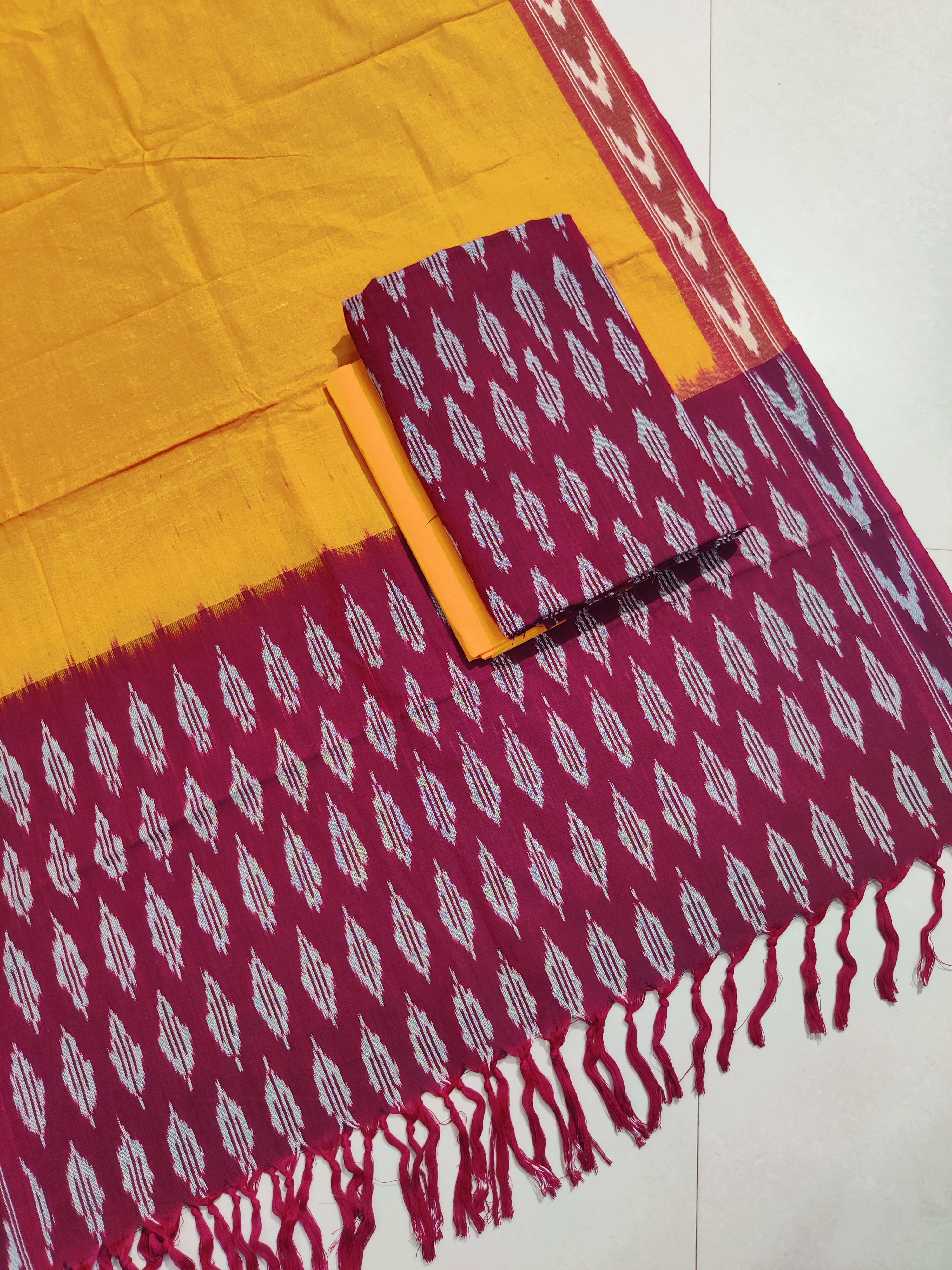 Brown - HANDLOOM COTTON 3PC POCHAMPALLY IKAT DRESS MATERIAL 25
