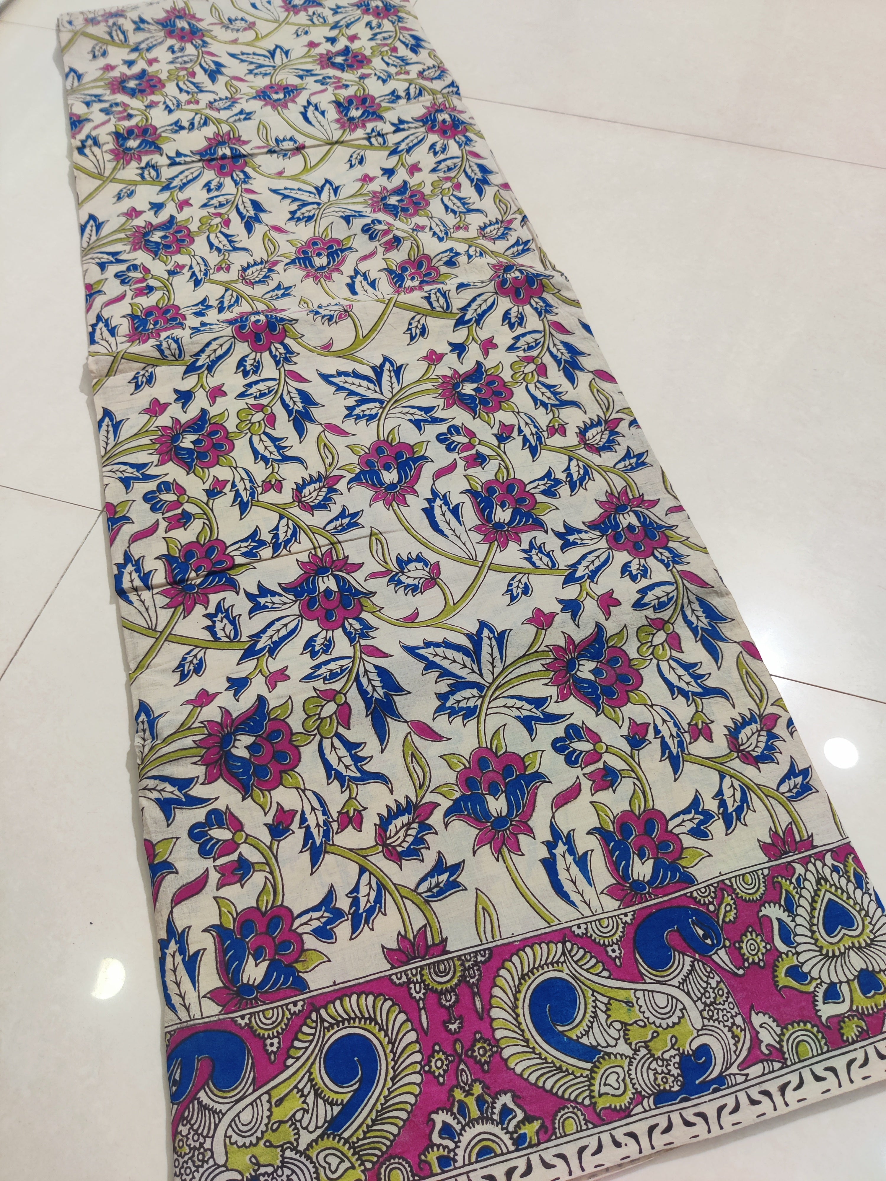 BLUE- PRINTED COTTON KALAMKARI SAREE 08