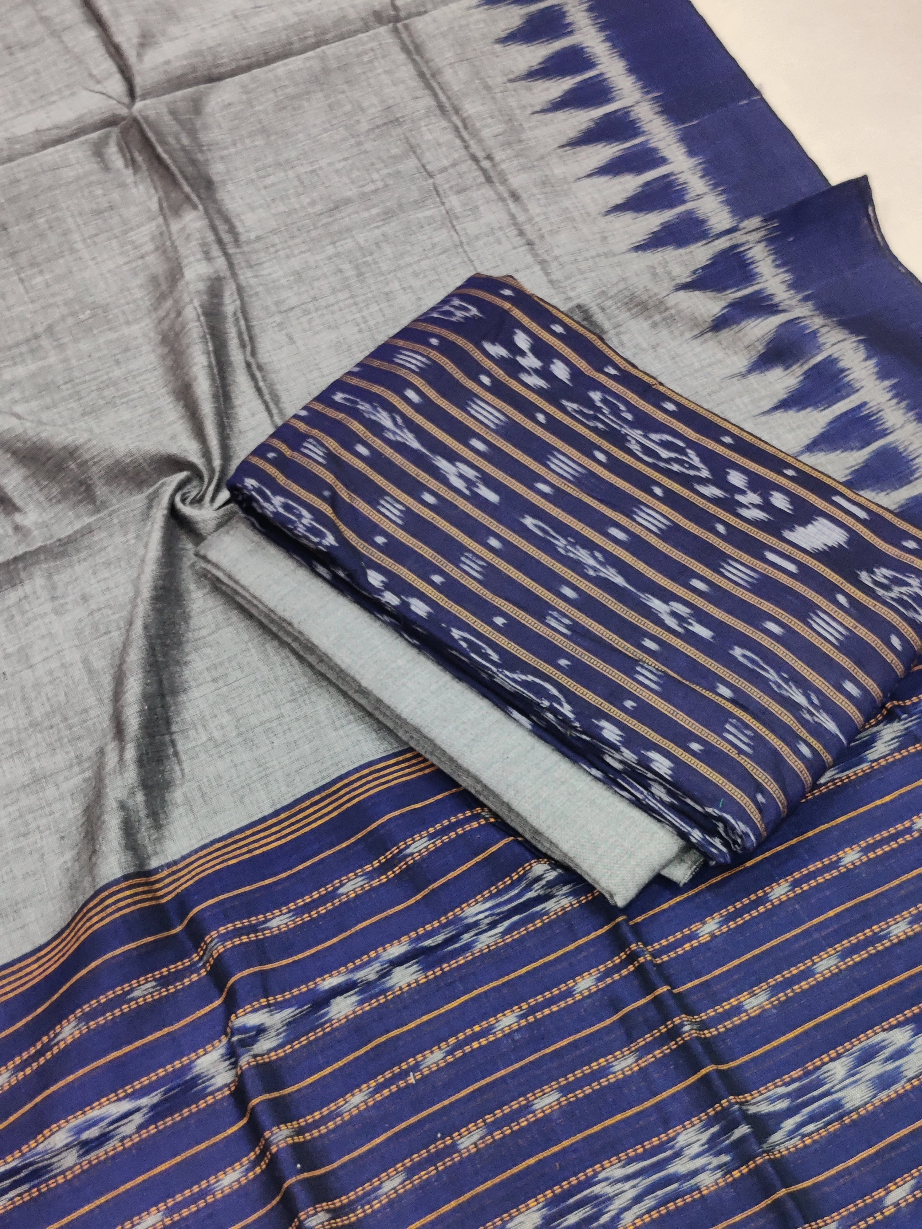 BLUE- 3PC UNSTITCHED SAMBALPURI IKAT HANDLOOM COTTON SUIT – 08