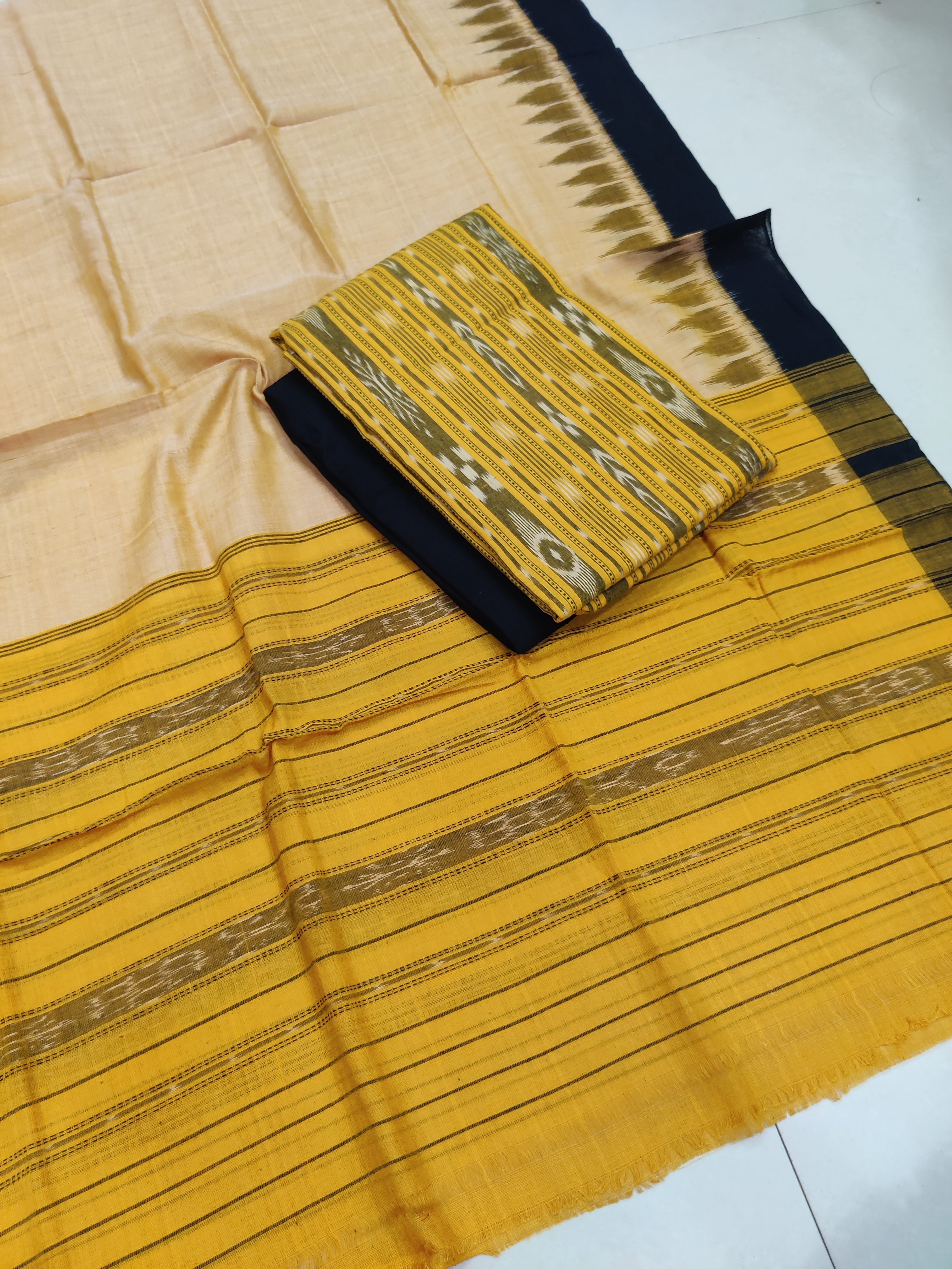 YELLOW- 3PC UNSTITCHED SAMBALPURI IKAT HANDLOOM COTTON SUIT – 11