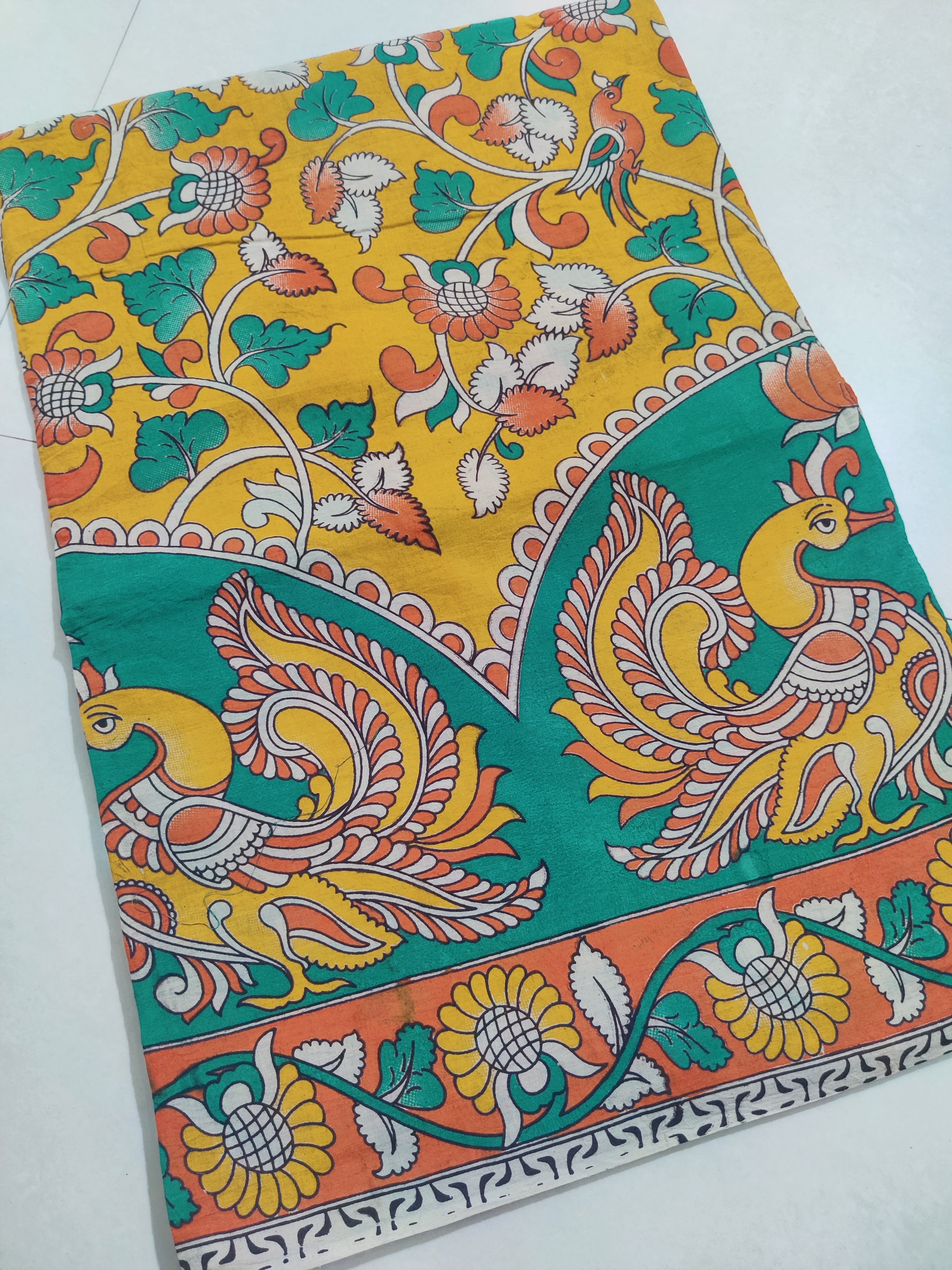 YELLOW- PRINTED COTTON KALAMKARI SAREE 06