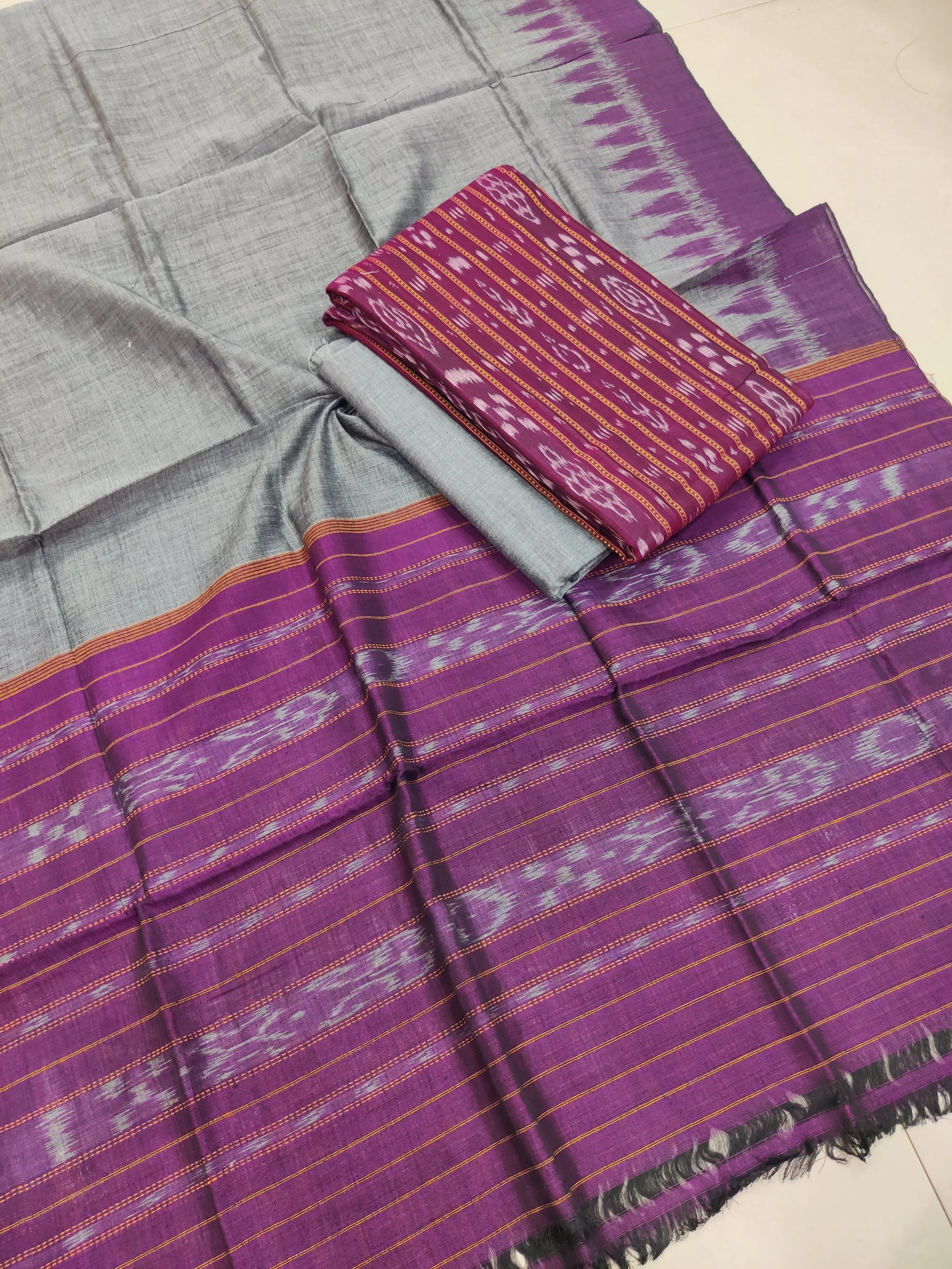 PURPLE- 3PC UNSTITCHED SAMBALPURI IKAT HANDLOOM COTTON SUIT – 05
