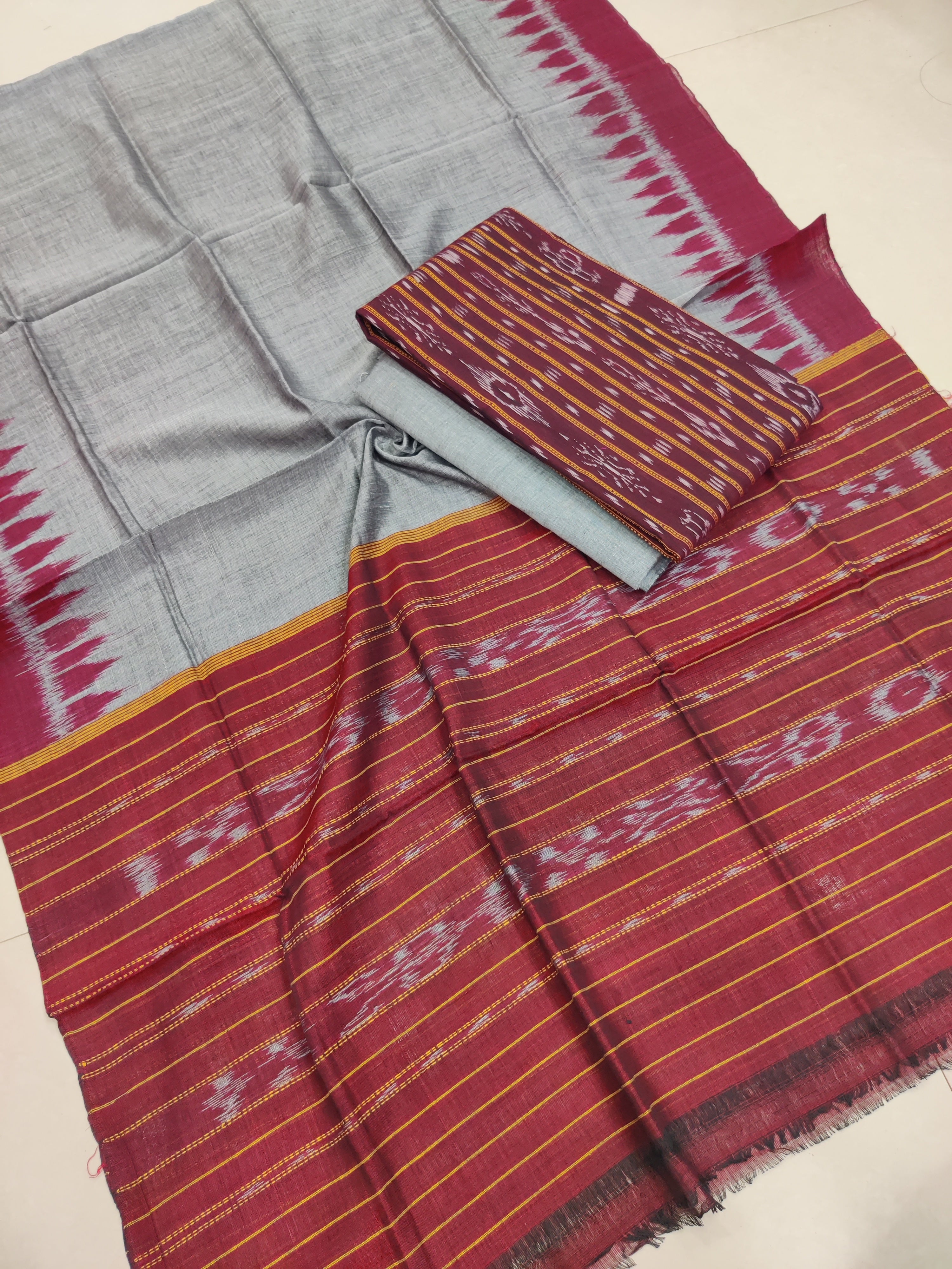 GRAY- 3PC UNSTITCHED SAMBALPURI IKAT HANDLOOM COTTON SUIT – 03