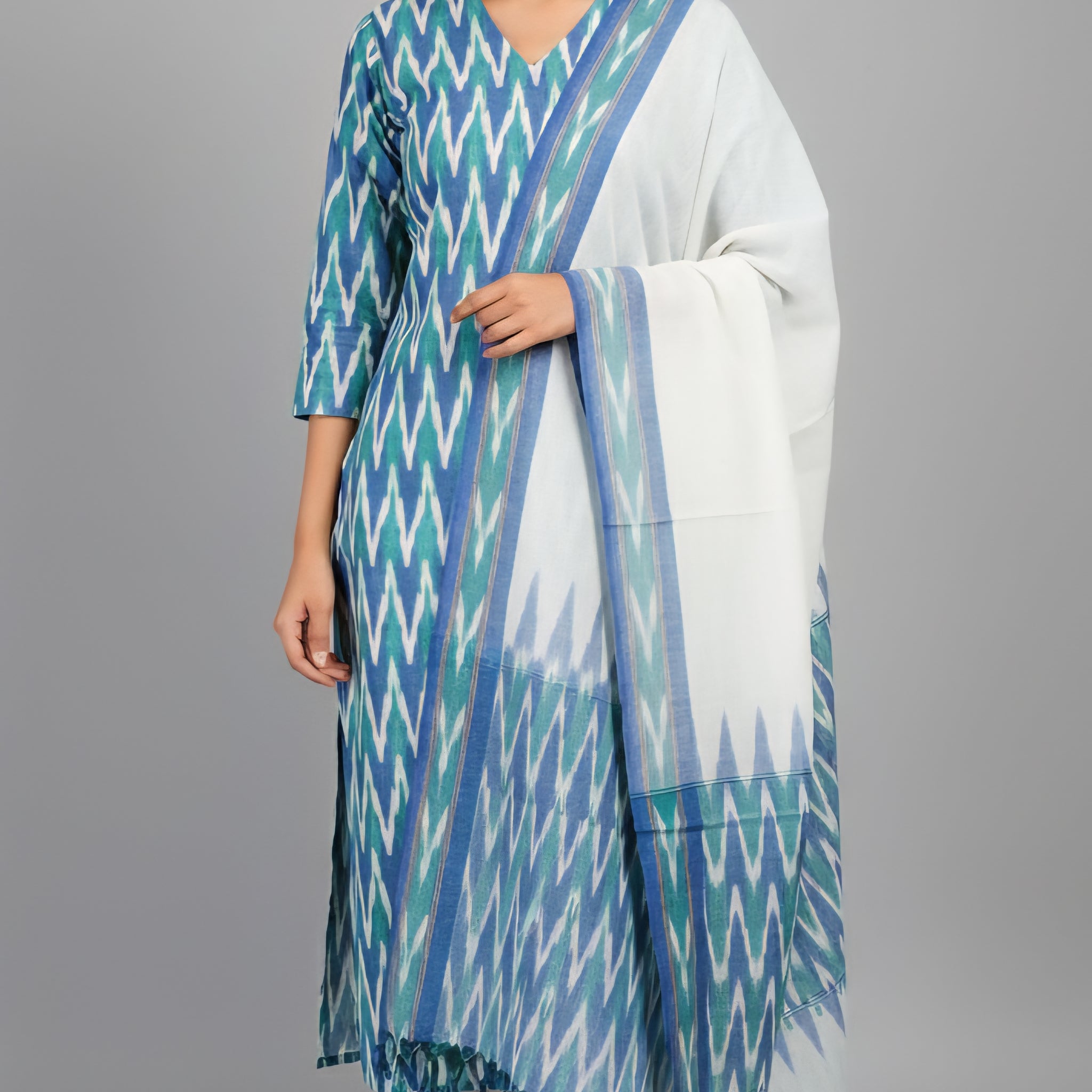 Multicolor - HANDLOOM COTTON 3PC POCHAMPALLY IKAT DRESS MATERIAL 04