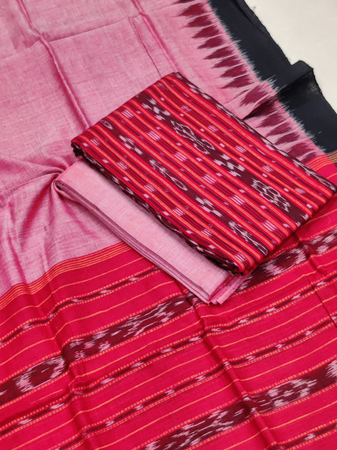 RED- 3PC UNSTITCHED SAMBALPURI IKAT HANDLOOM COTTON SUIT – 07