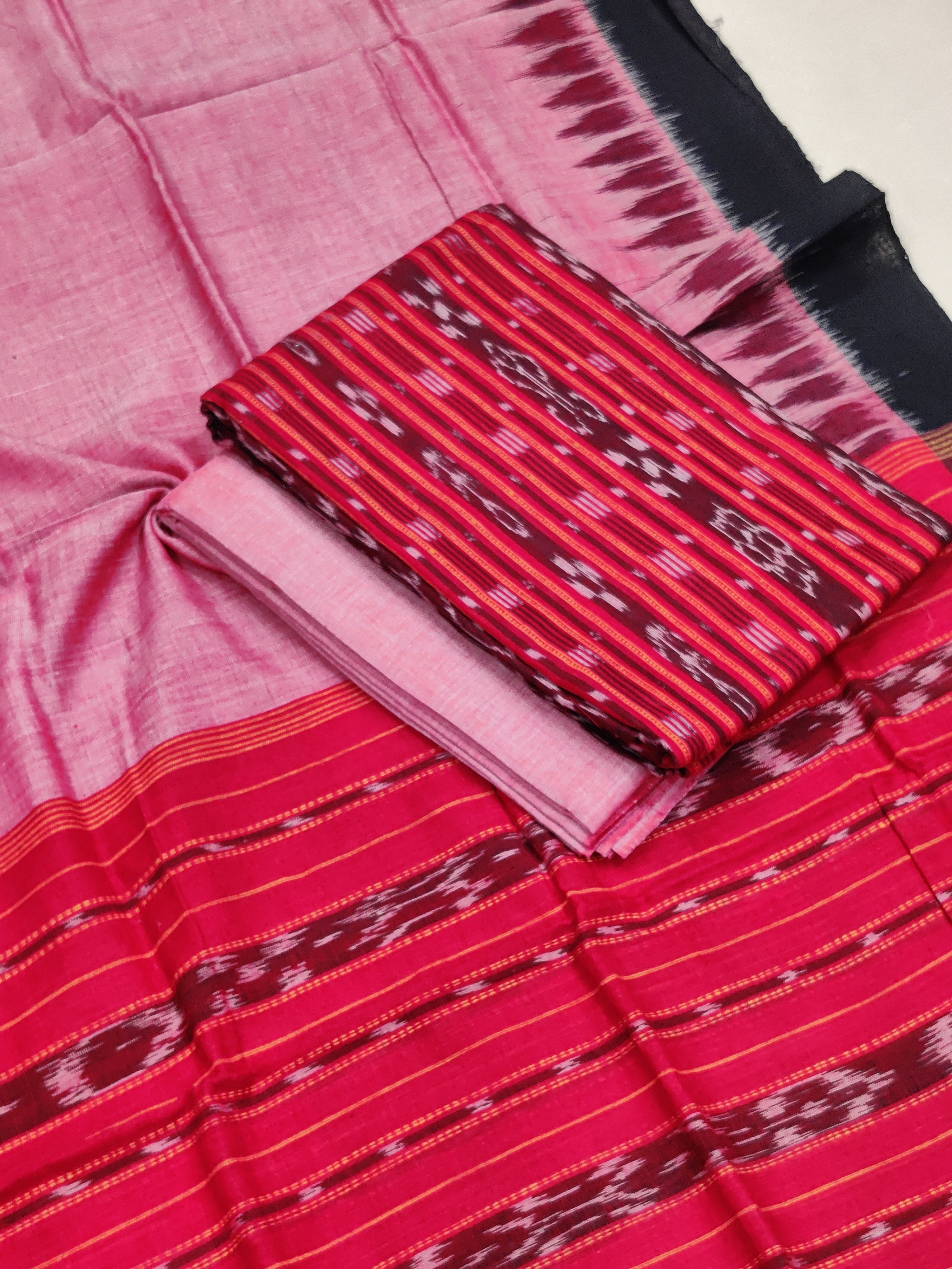 RED- 3PC UNSTITCHED SAMBALPURI IKAT HANDLOOM COTTON SUIT – 07