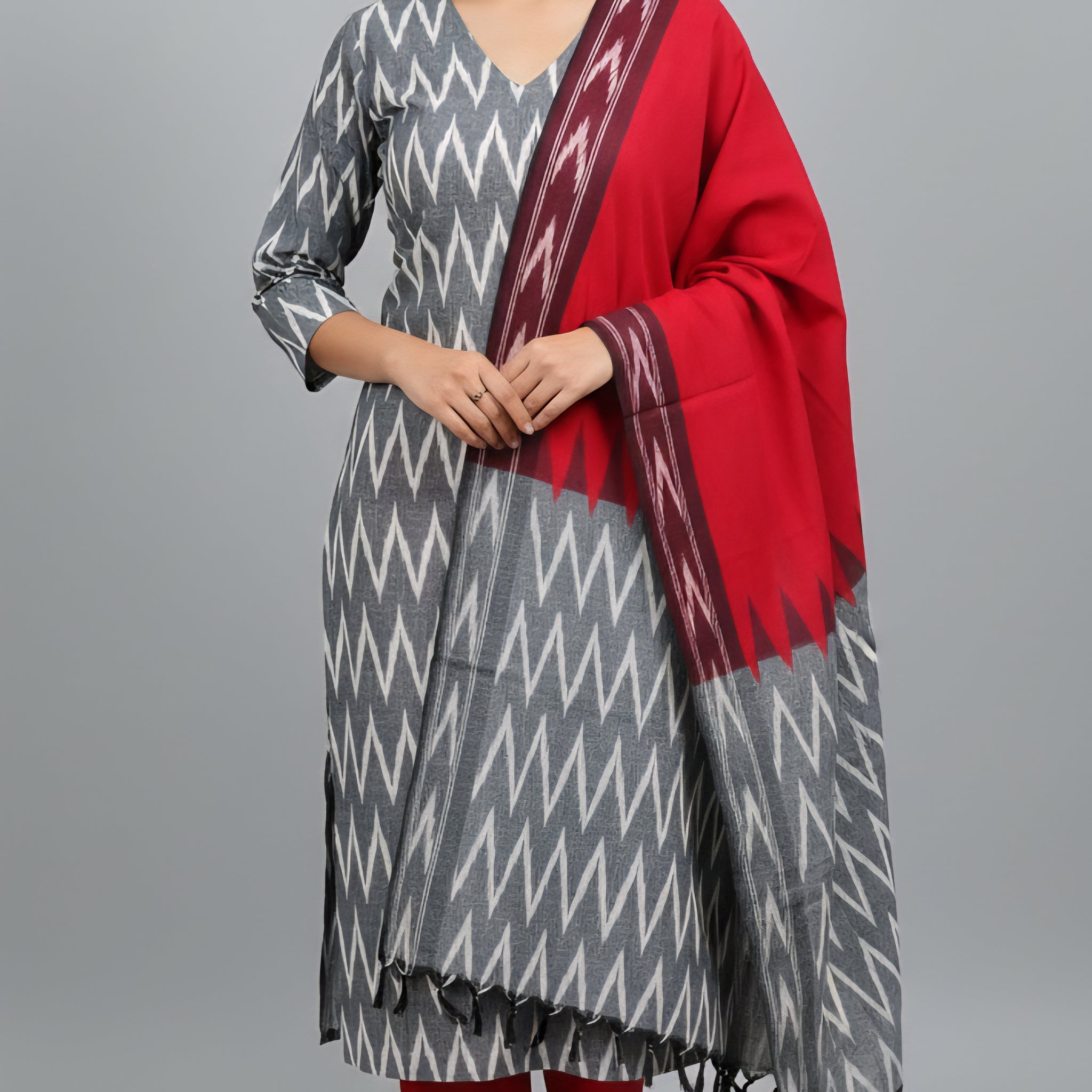 Gray - HANDLOOM COTTON 3PC POCHAMPALLY IKAT DRESS MATERIAL 08