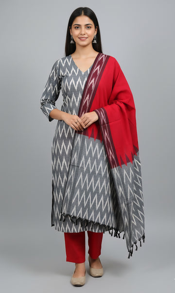 Gray - HANDLOOM COTTON 3PC POCHAMPALLY IKAT DRESS MATERIAL 08