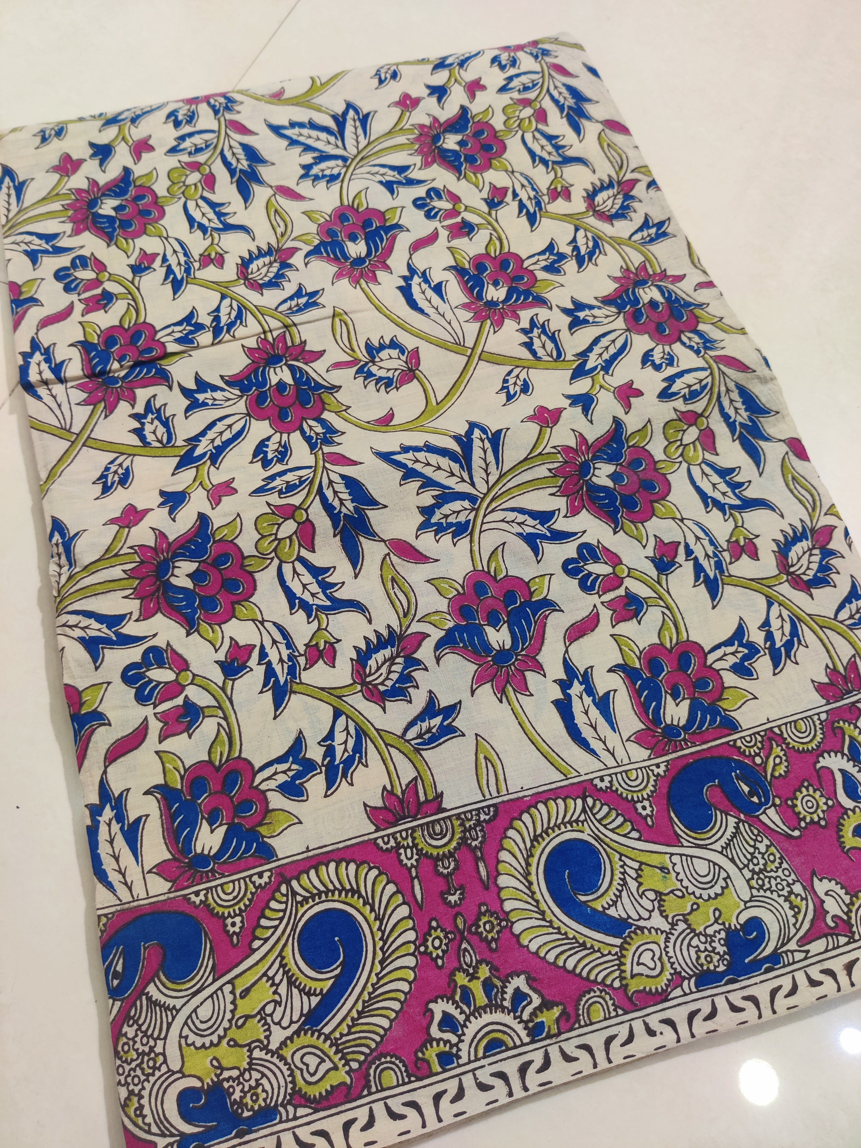 BLUE- PRINTED COTTON KALAMKARI SAREE 08