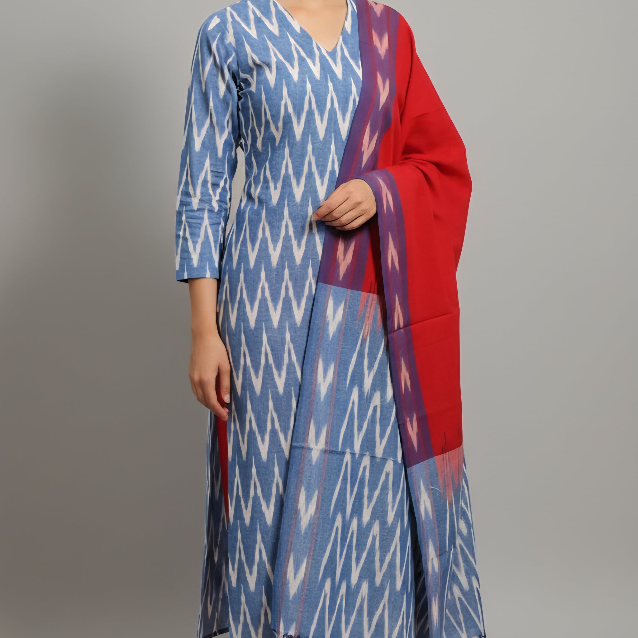 Blue - HANDLOOM COTTON 3PC POCHAMPALLY IKAT DRESS MATERIAL 07