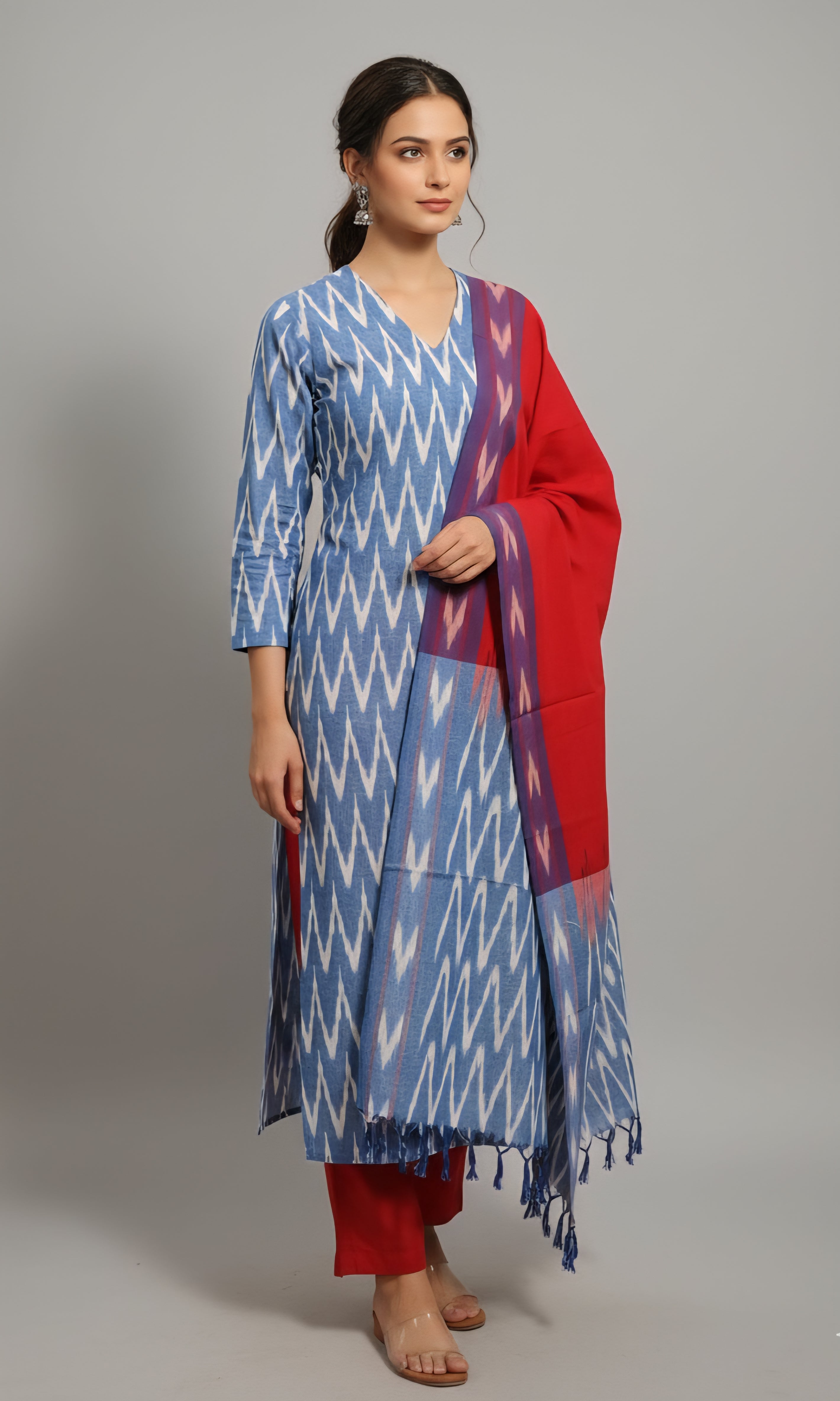 Blue - HANDLOOM COTTON 3PC POCHAMPALLY IKAT DRESS MATERIAL 07