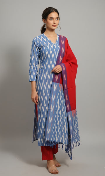 Blue - HANDLOOM COTTON 3PC POCHAMPALLY IKAT DRESS MATERIAL 07