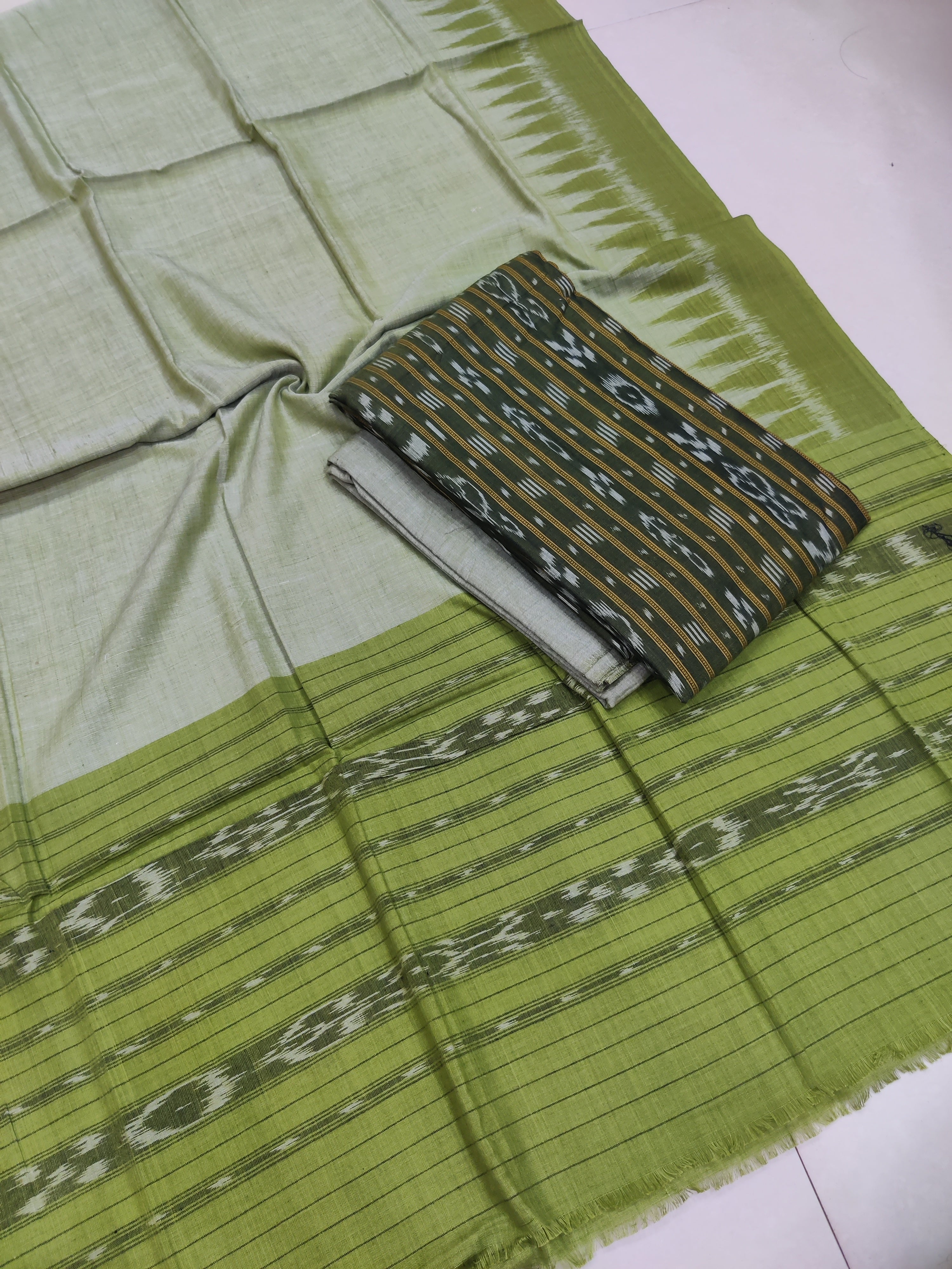 OLIVEGREEN- 3PC UNSTITCHED SAMBALPURI IKAT HANDLOOM COTTON SUIT – 09