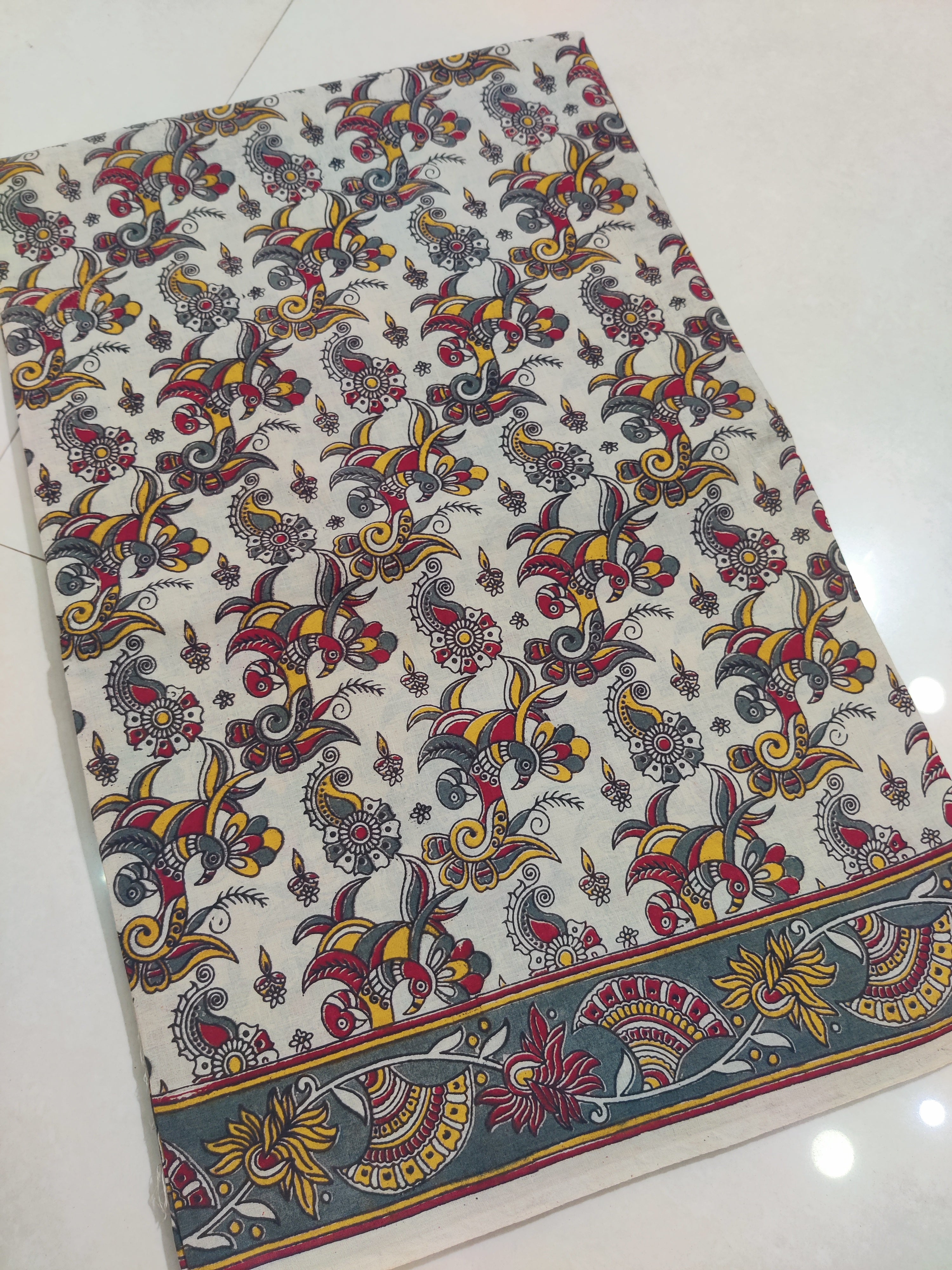 YELLOW- PRINTED COTTON KALAMKARI SAREE 03