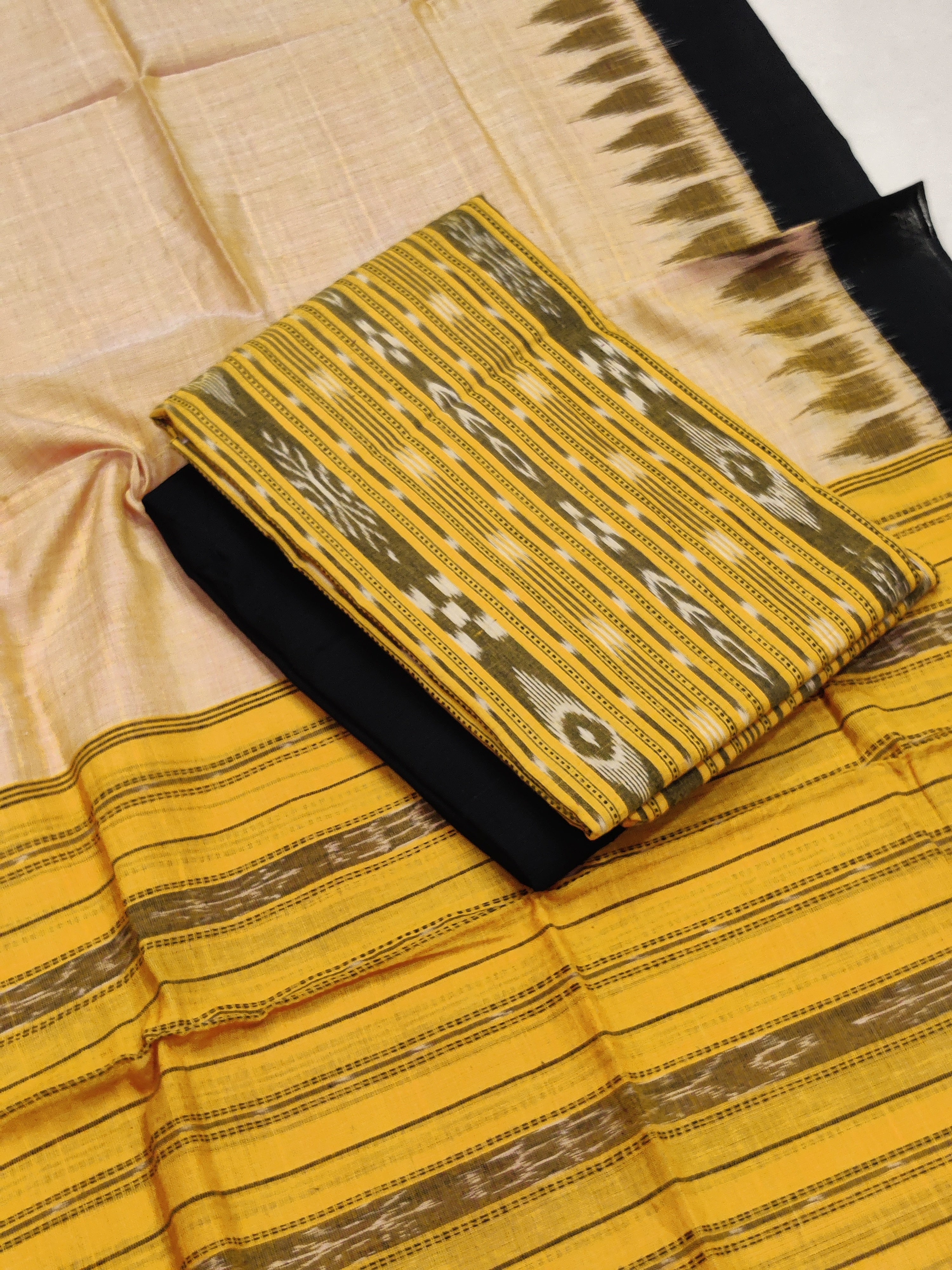 YELLOW- 3PC UNSTITCHED SAMBALPURI IKAT HANDLOOM COTTON SUIT – 11