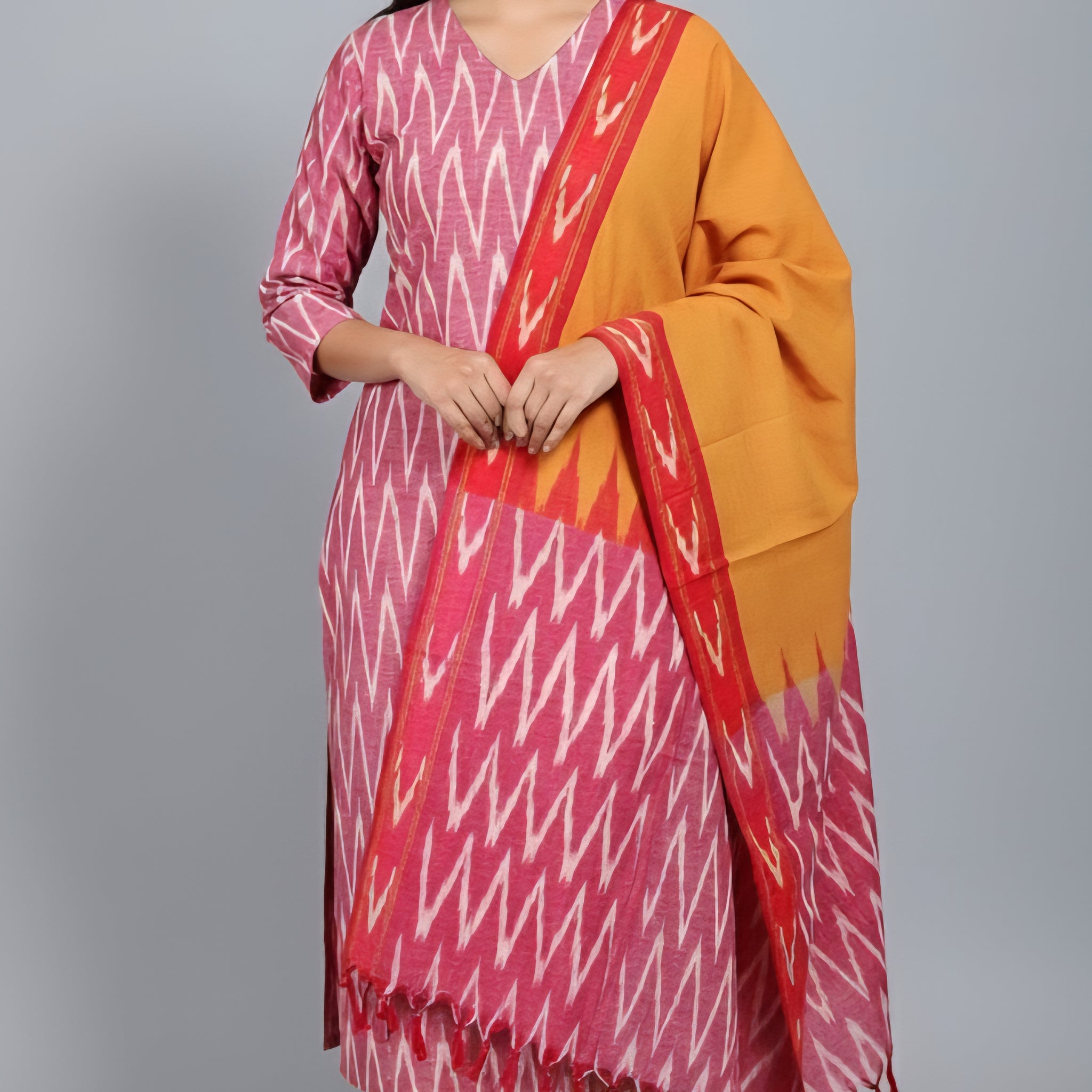 Red - HANDLOOM COTTON 3PC POCHAMPALLY IKAT DRESS MATERIAL 09