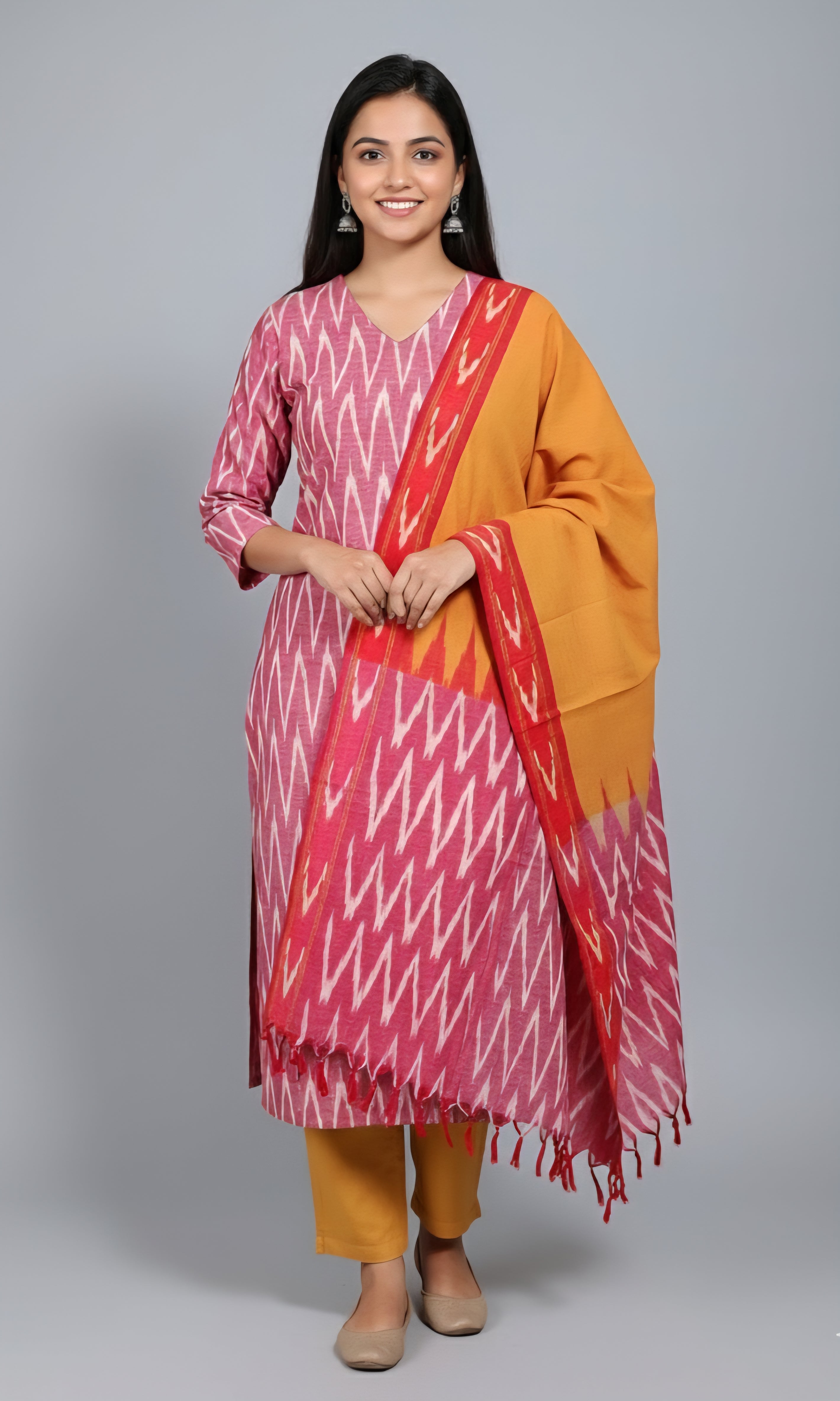 Red - HANDLOOM COTTON 3PC POCHAMPALLY IKAT DRESS MATERIAL 09