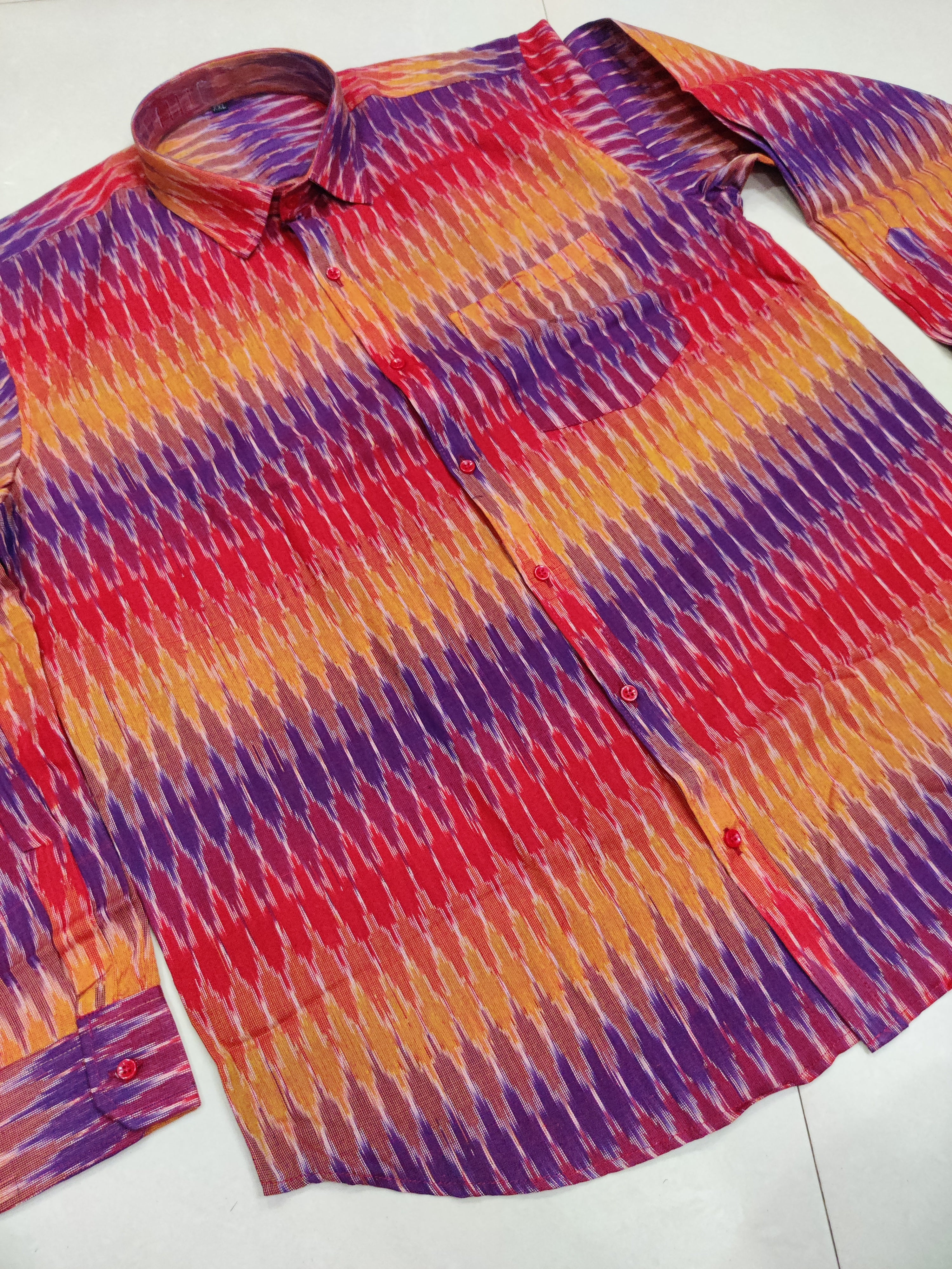 RED BLUE- FULL SLEEVE COTTON MEN POCHAMPALLY IKAT SHIRT 24