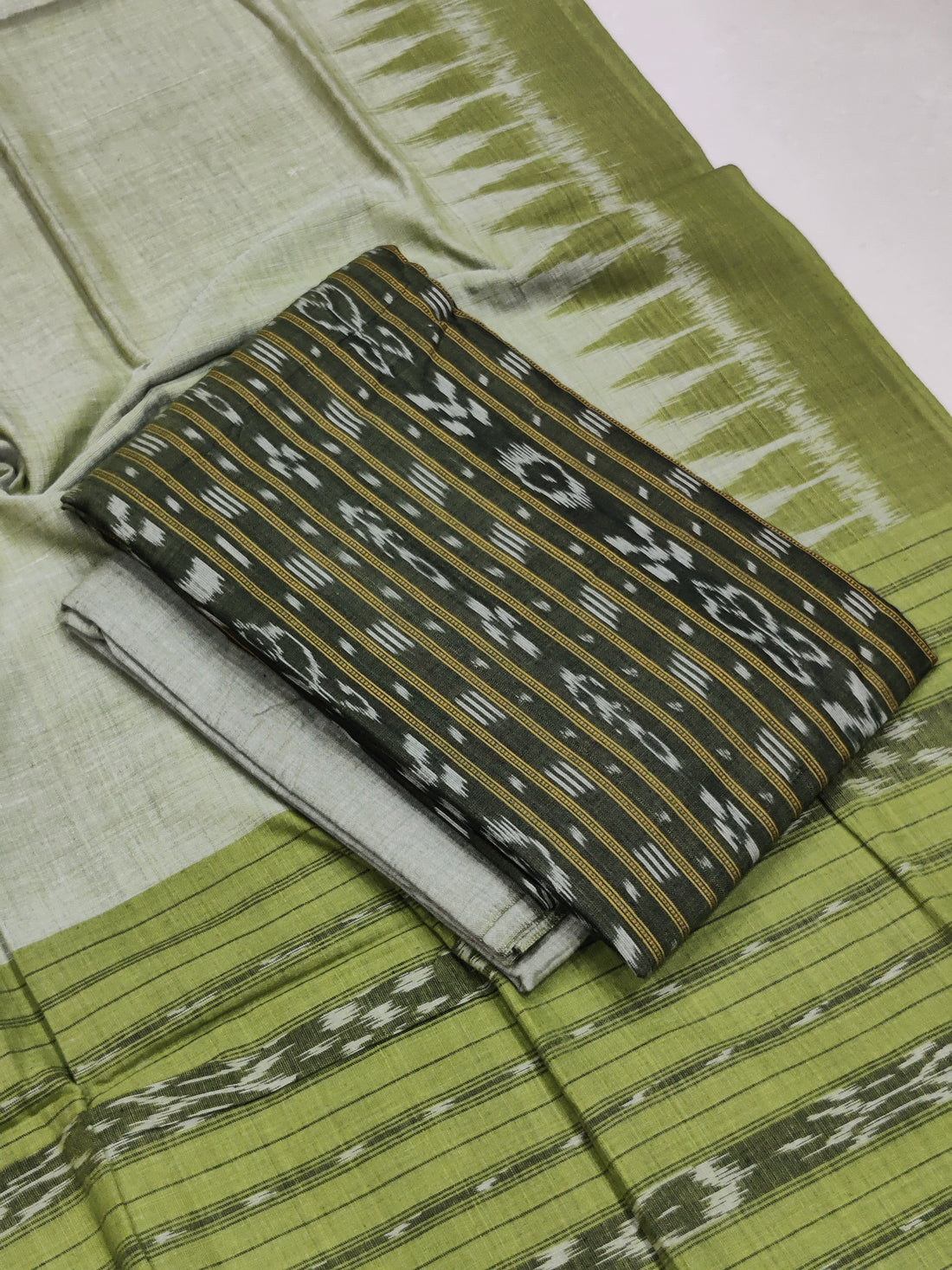 OLIVEGREEN- 3PC UNSTITCHED SAMBALPURI IKAT HANDLOOM COTTON SUIT – 09