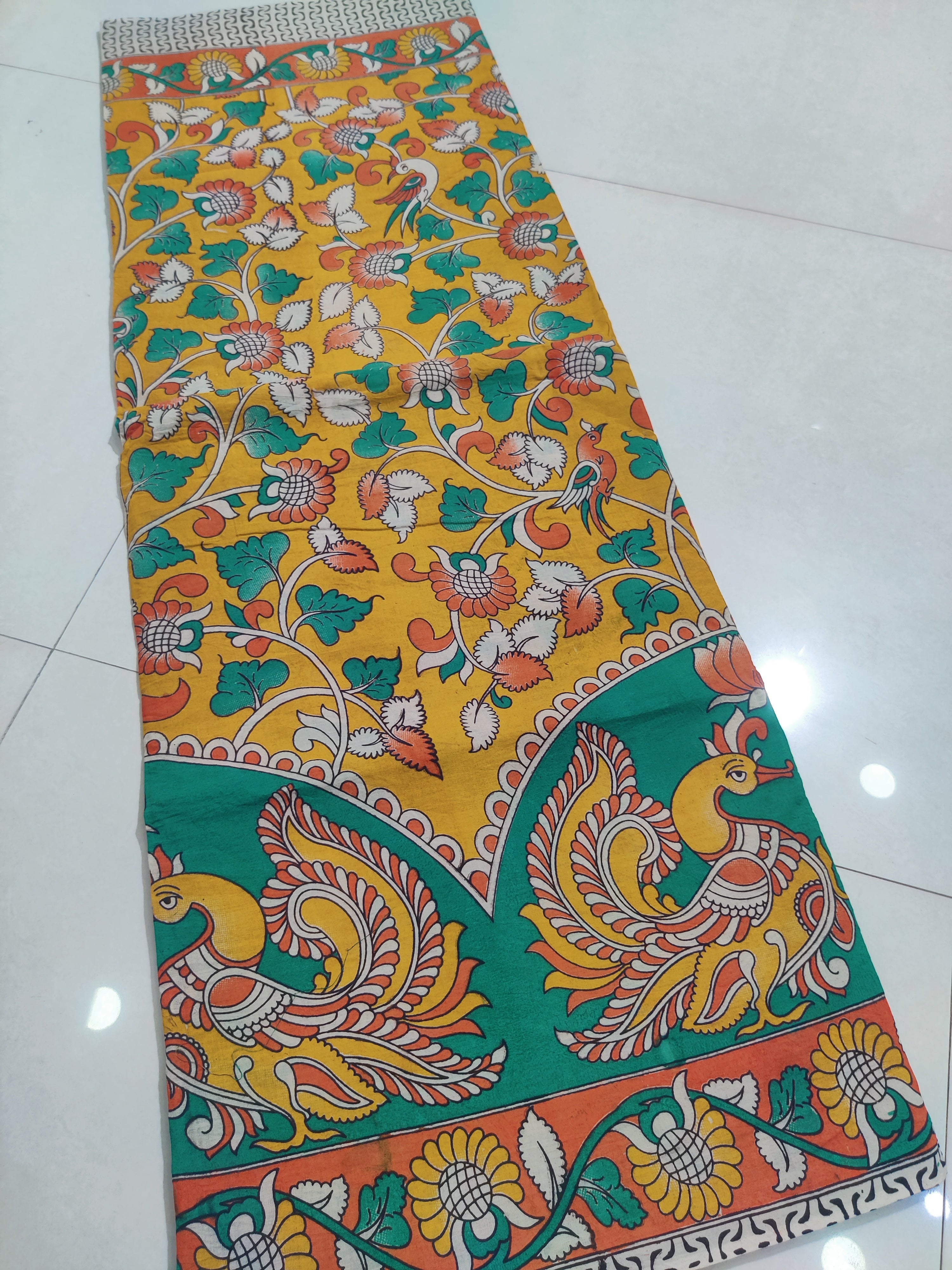YELLOW- PRINTED COTTON KALAMKARI SAREE 06