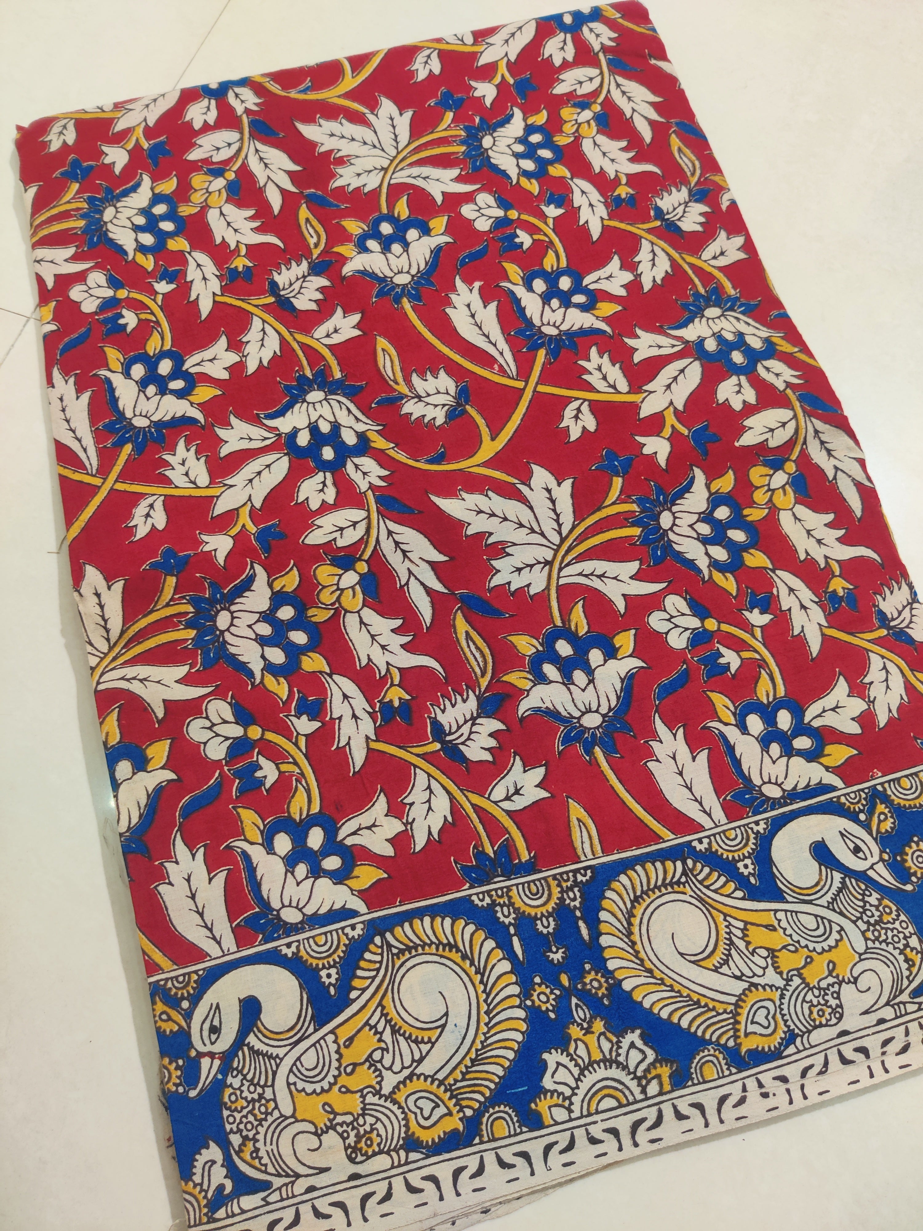 RED- PRINTED COTTON KALAMKARI SAREE 05