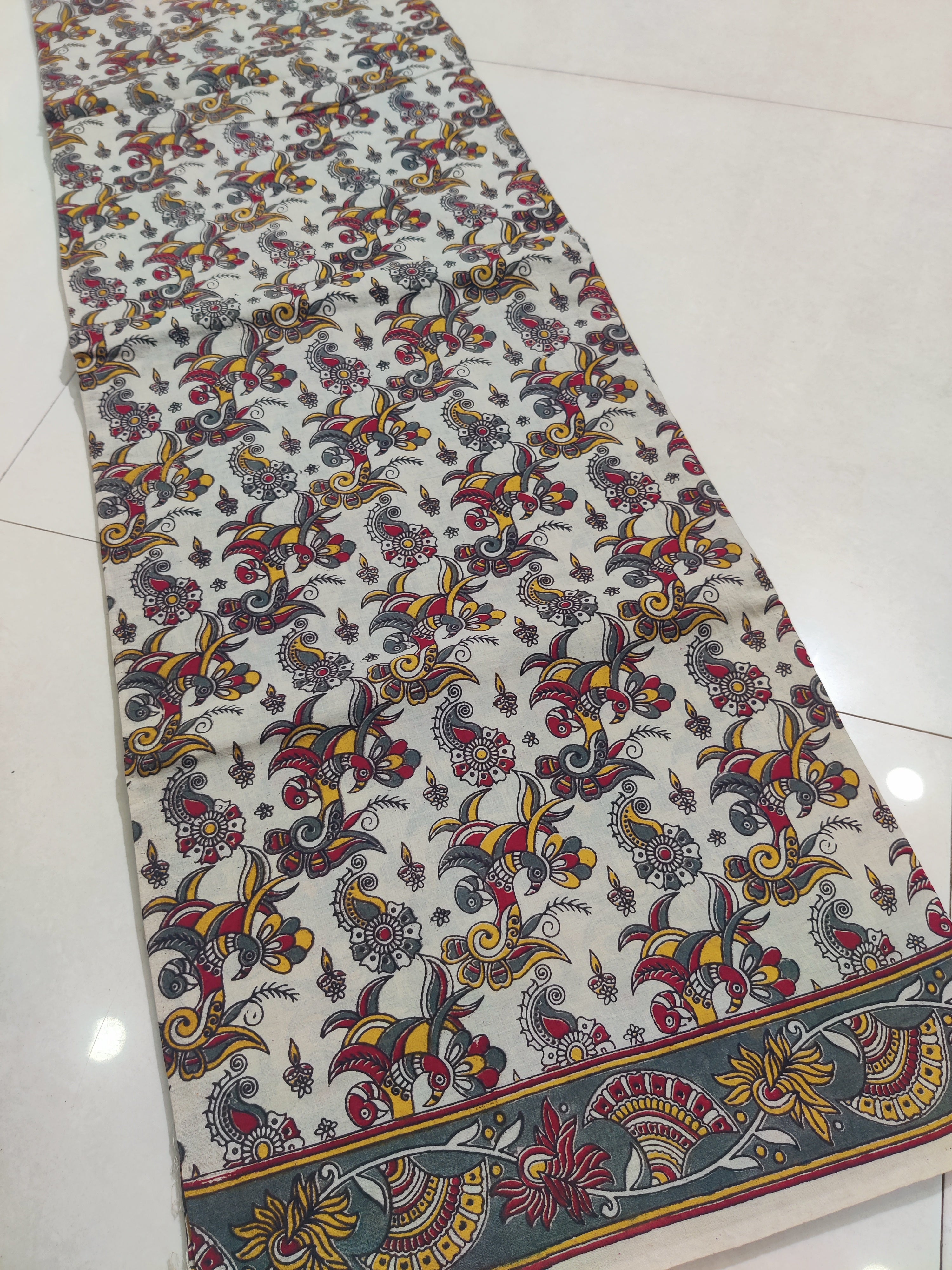 YELLOW- PRINTED COTTON KALAMKARI SAREE 03